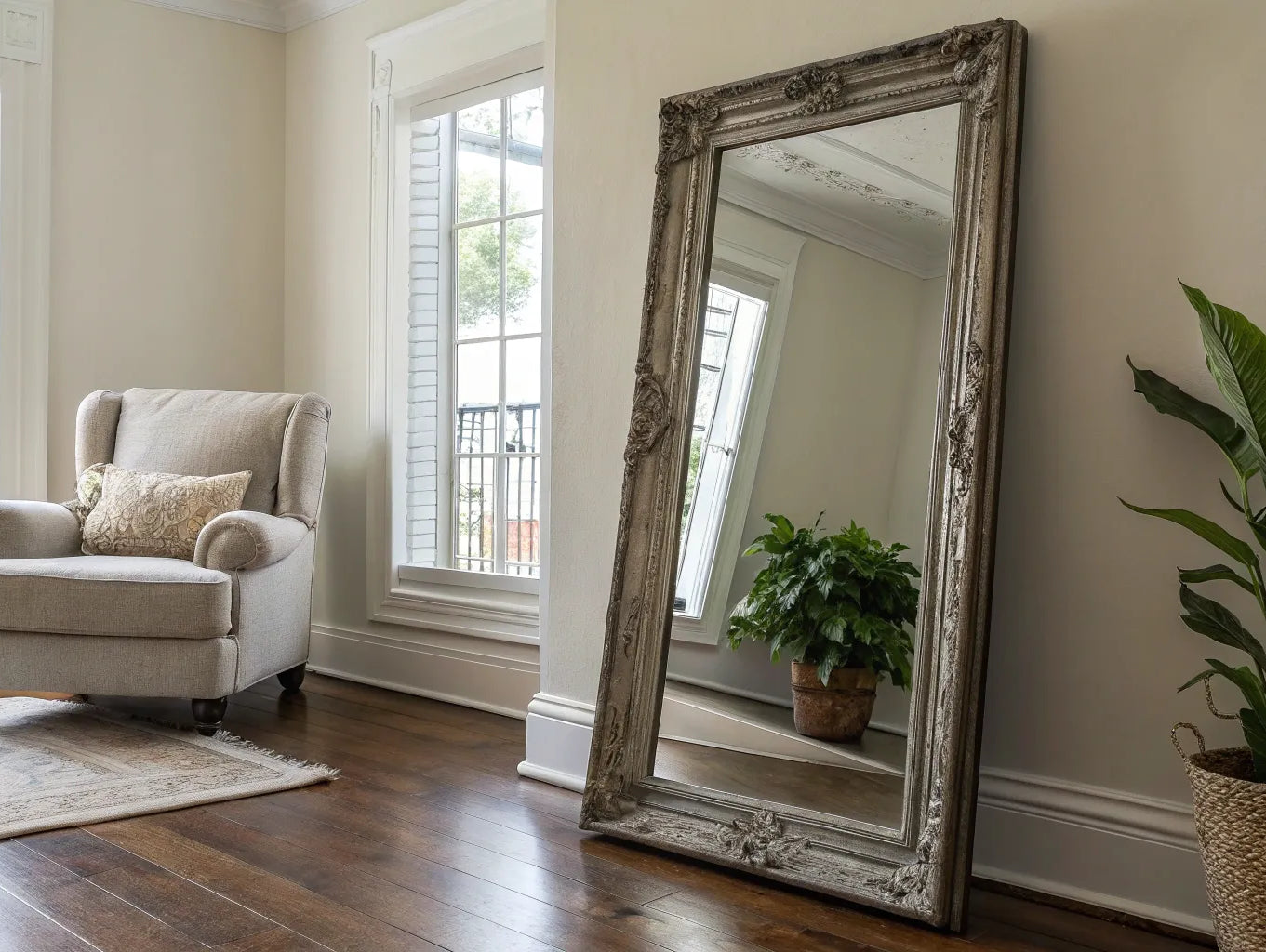 An ornate, decorative full length wall mirror styled in a bright room next to an armchair.