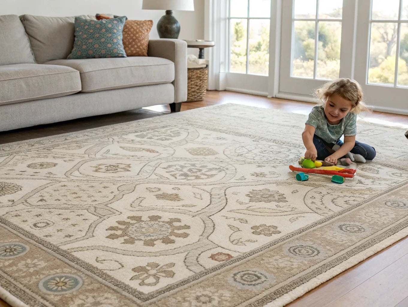 A child and dog relax on a stylish spill proof rug in a busy living room.