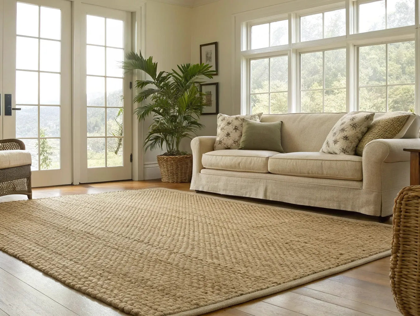 Woven sisal area rug in a bright living room.