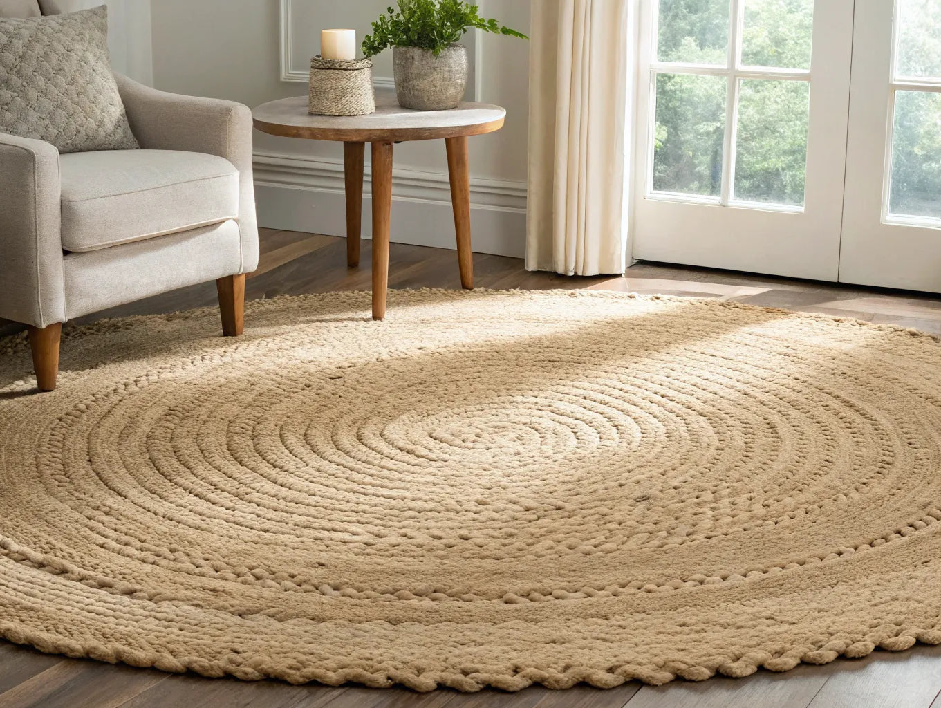 Cleaning a round jute area rug.