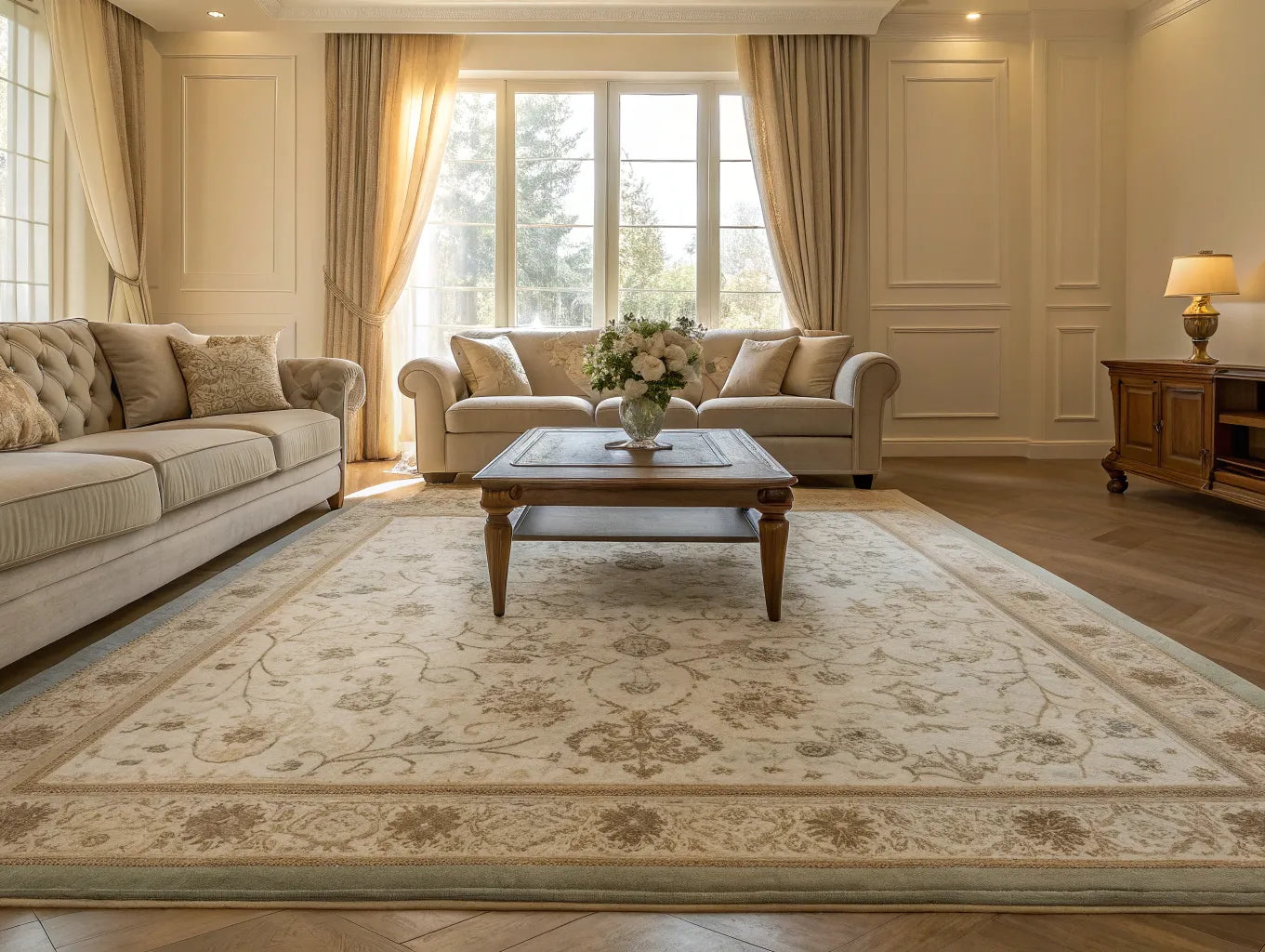 Living room rug defining the seating area.