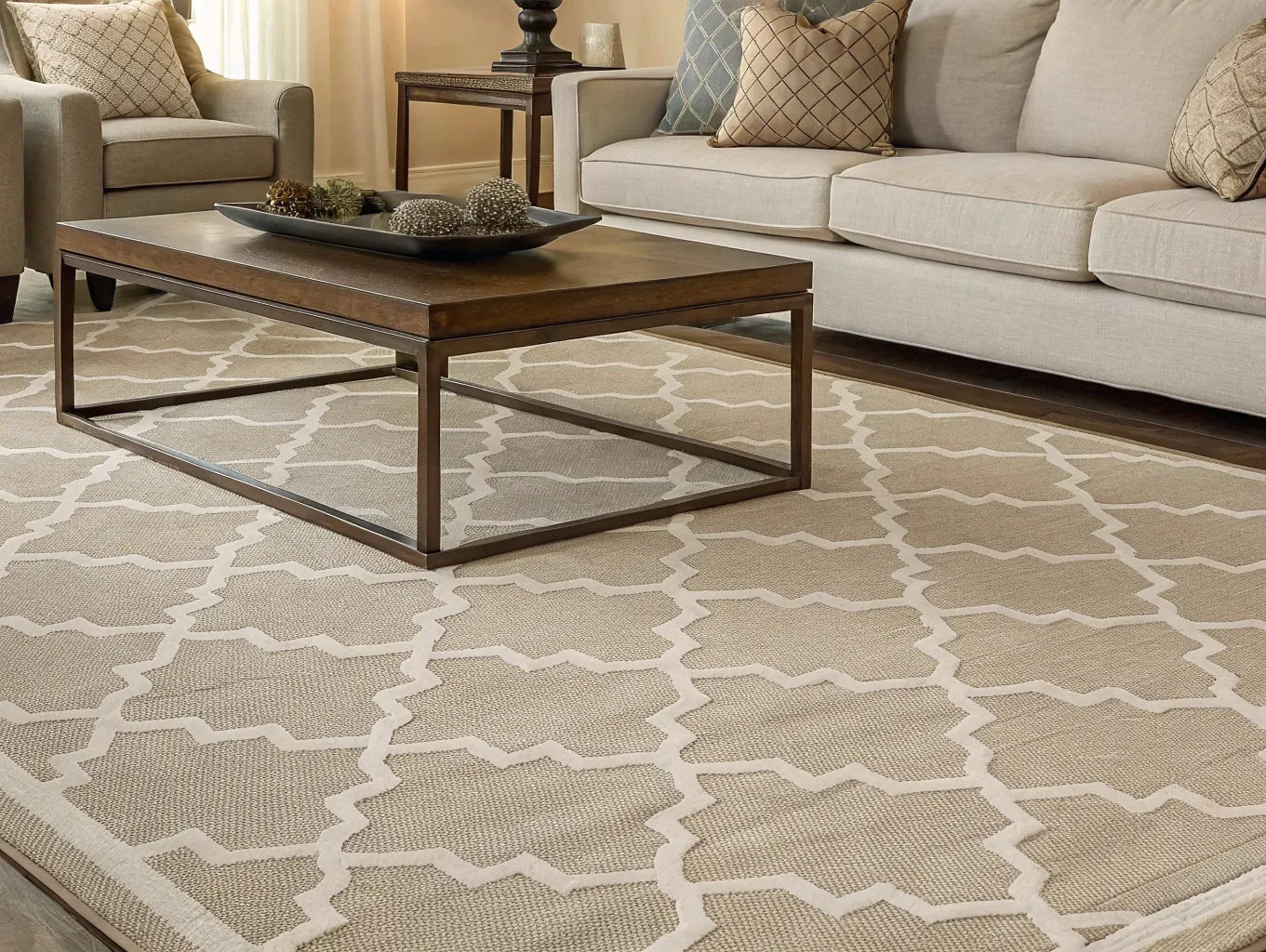 Geometric polypropylene rug in a modern living room.