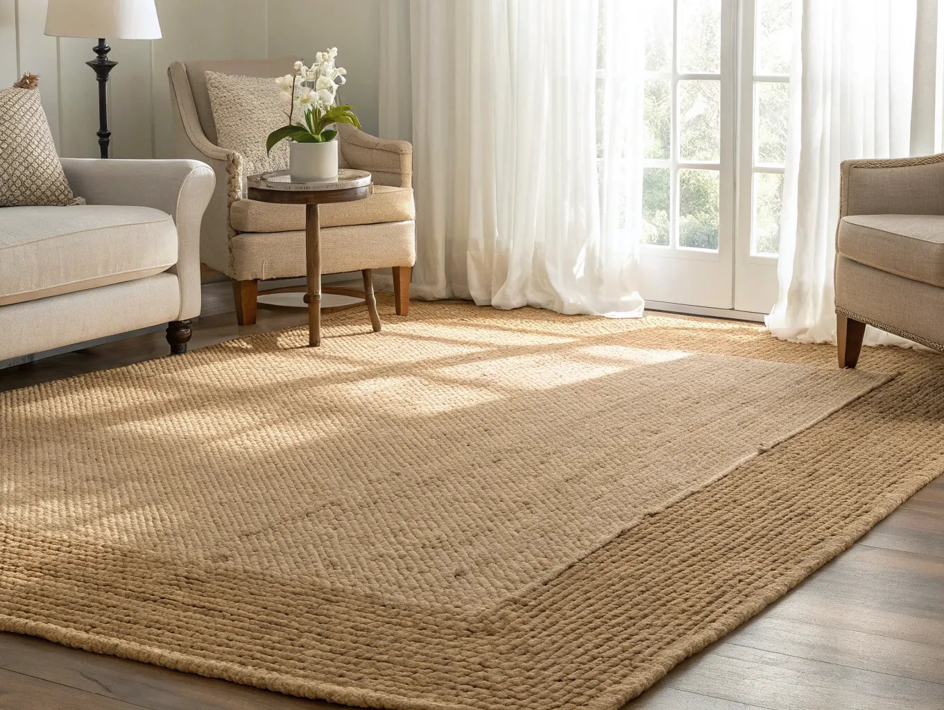 An 8x10 jute rug anchors a bright living room with neutral, modern furniture.