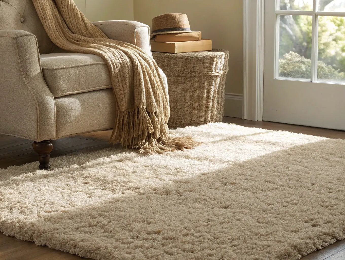 A high-quality plush beige microfiber rug adding warmth to a living room floor.