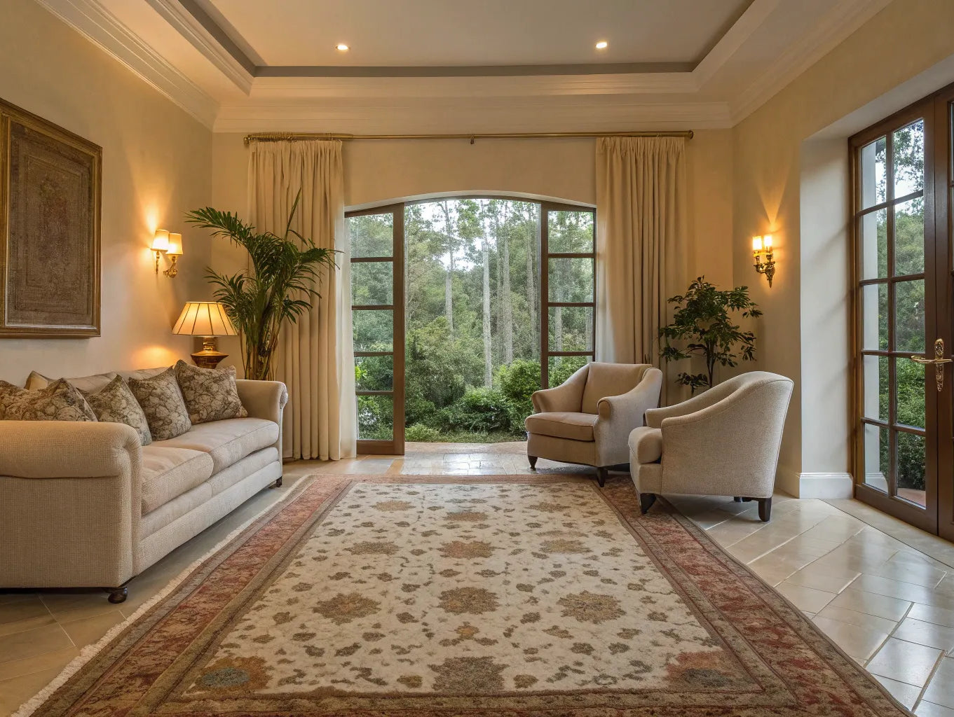 Living room area rug anchors the seating area.