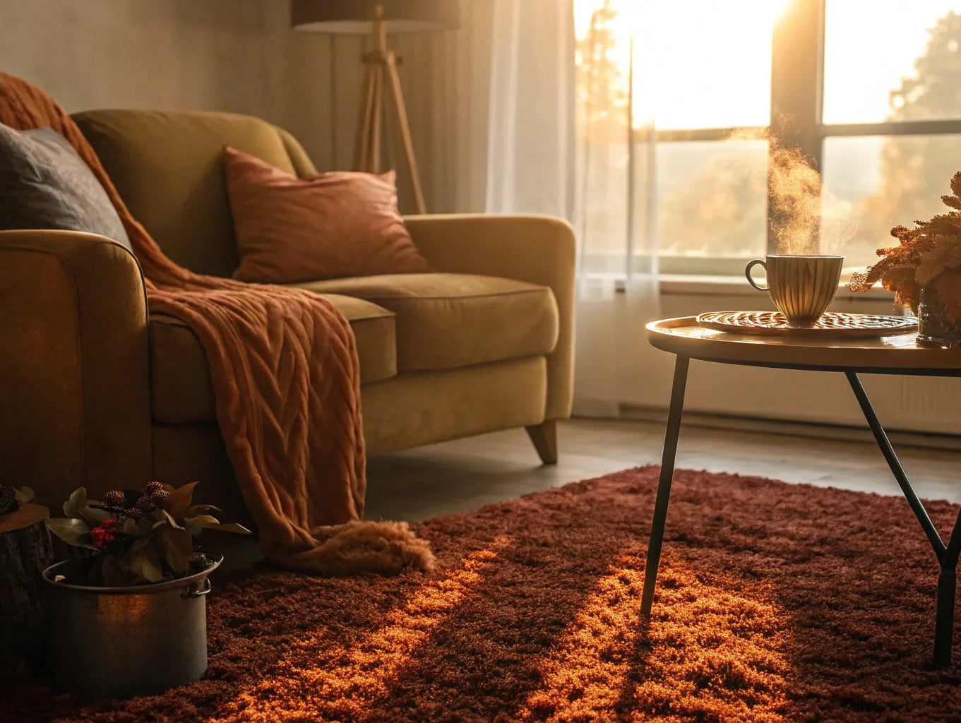 Rust rug warming up a cozy living room.