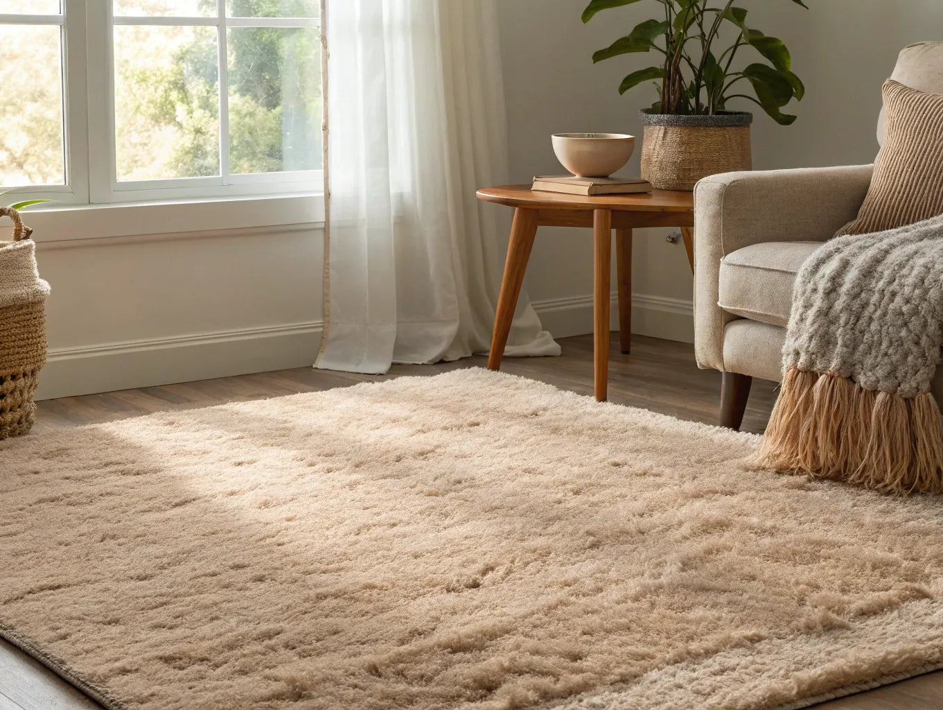 A modern living room with a durable and easy-to-clean beige low pile rug.