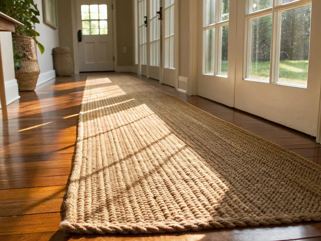 Natural jute runner rug in a bright hallway with hardwood floors.