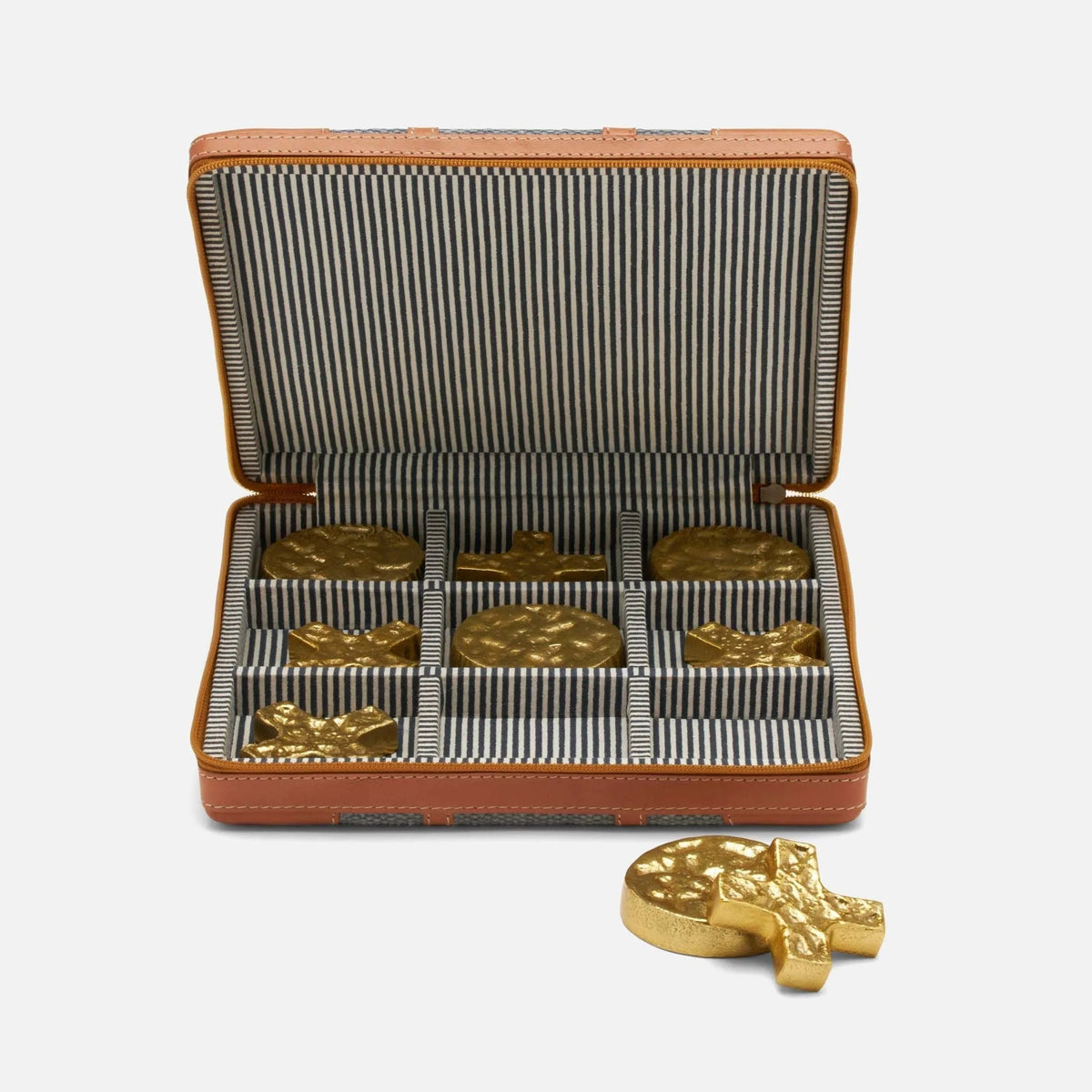 Pigeon and Poodle - PP004671 - Marlow Tic Tac Toe Set - Marlow - Light Blue Cotton Jute/Aged Camel Full-Grain Leather