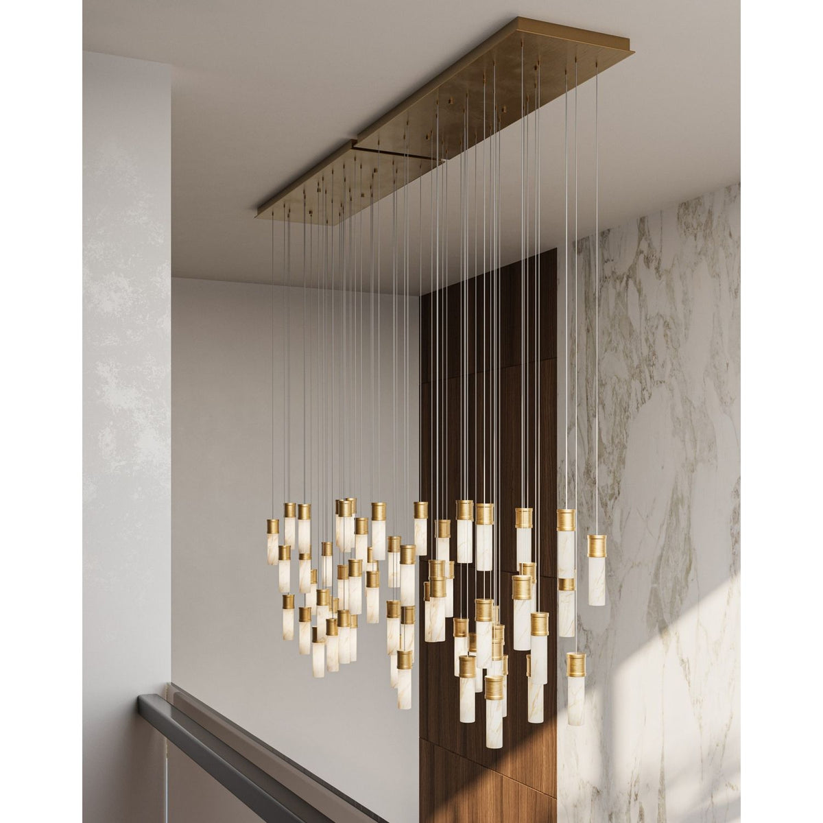 Currey and Company 9000-1384 Cannula Linear Multi-Drop Pendant in Vintage Brass/White/Silver