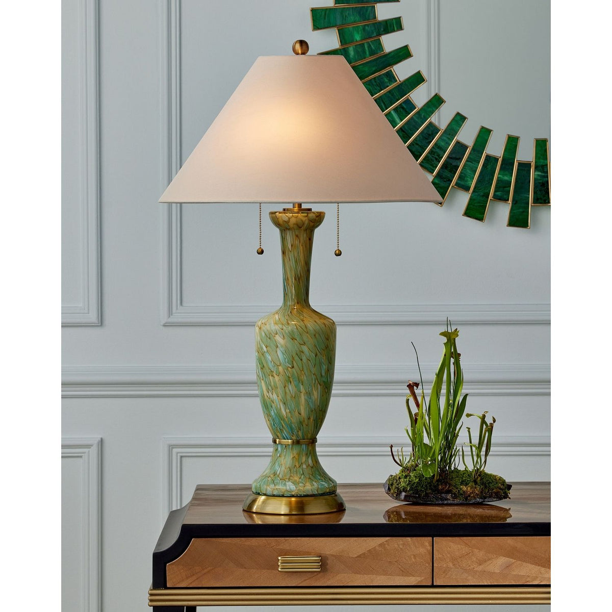 Currey and Company 1000-0170 Glasdele Round Mirror in Green/Antique Brass