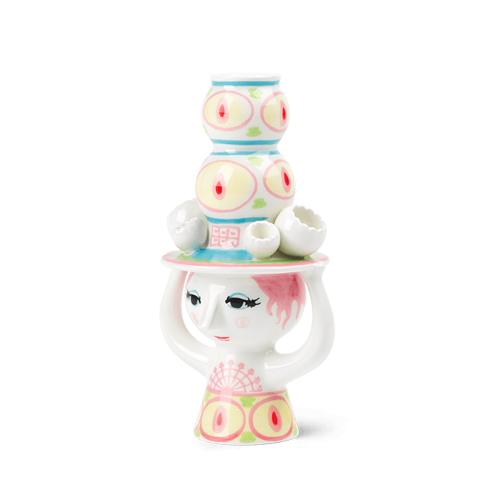Bjørn Wiinblad 56569 Lady with Hat Candle Holder in Pink/Yellow