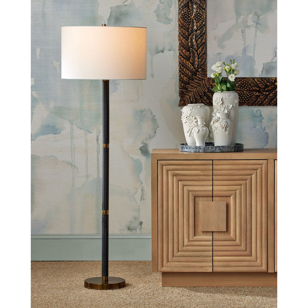 Currey and Company 8000-0181 Gavin Floor Lamp in Brass Antique/Matte Black