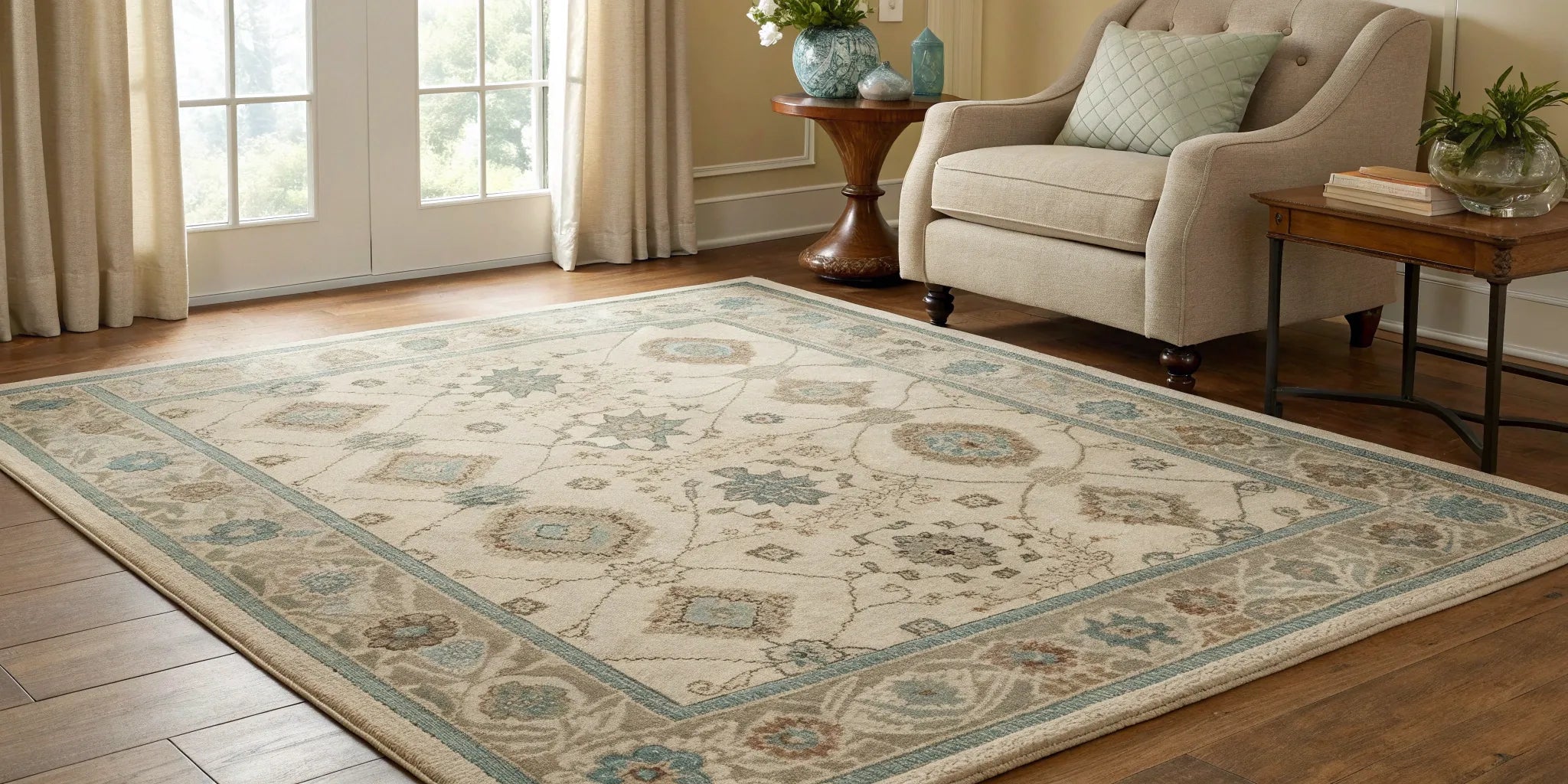 Washable 8x10 rug on hardwood floor.