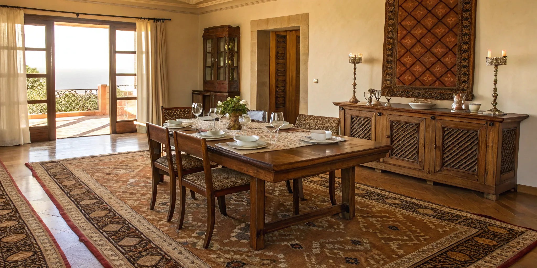 Dining room table and chairs on patterned rug.