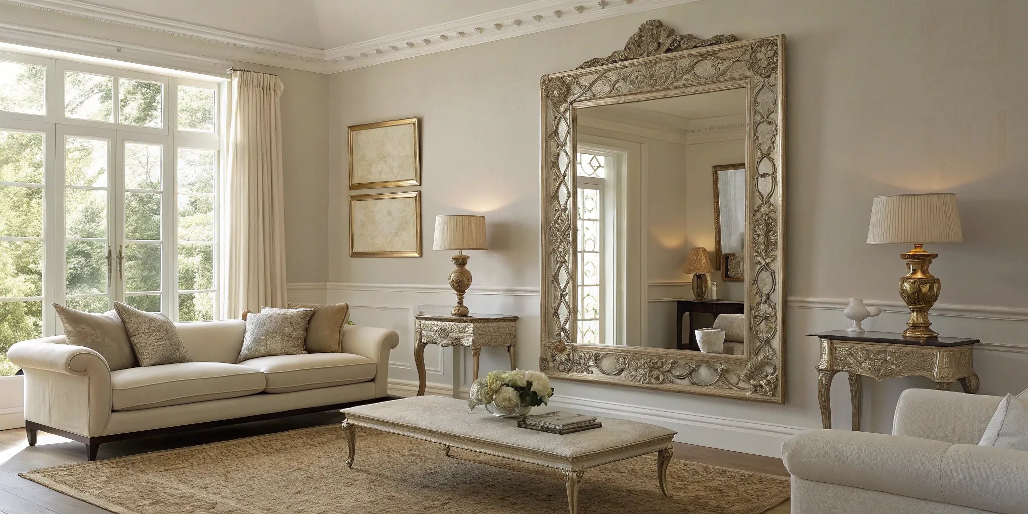 Decorative wall mirror in a stylish living room.