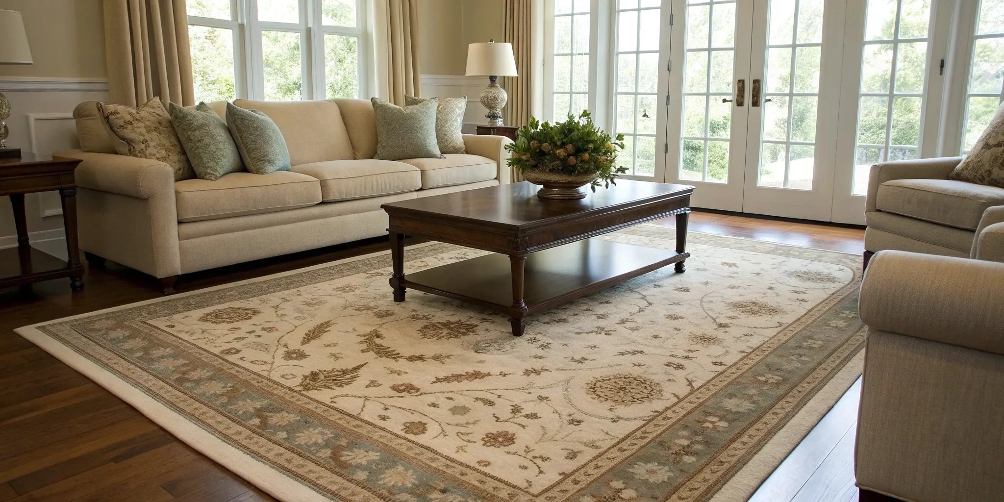 A living room area rug showing how big a rug should be in relation to the sofa and armchairs.