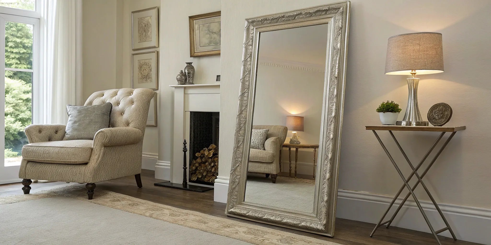 A styled oversized floor mirror leaning against a living room wall to amplify natural light.