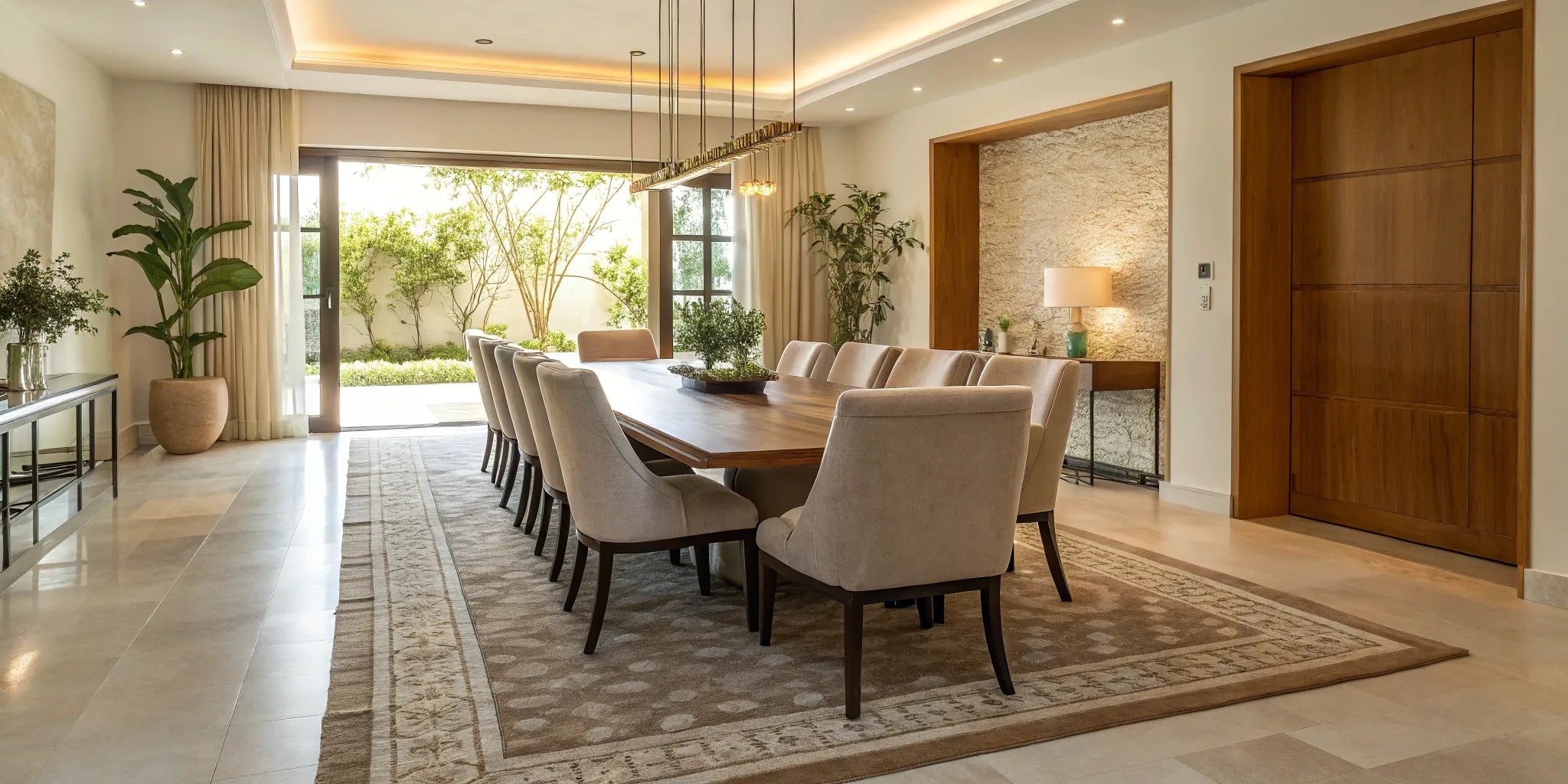 A dining room rug sized to keep the table and chairs on it, even when the chairs are pulled out.