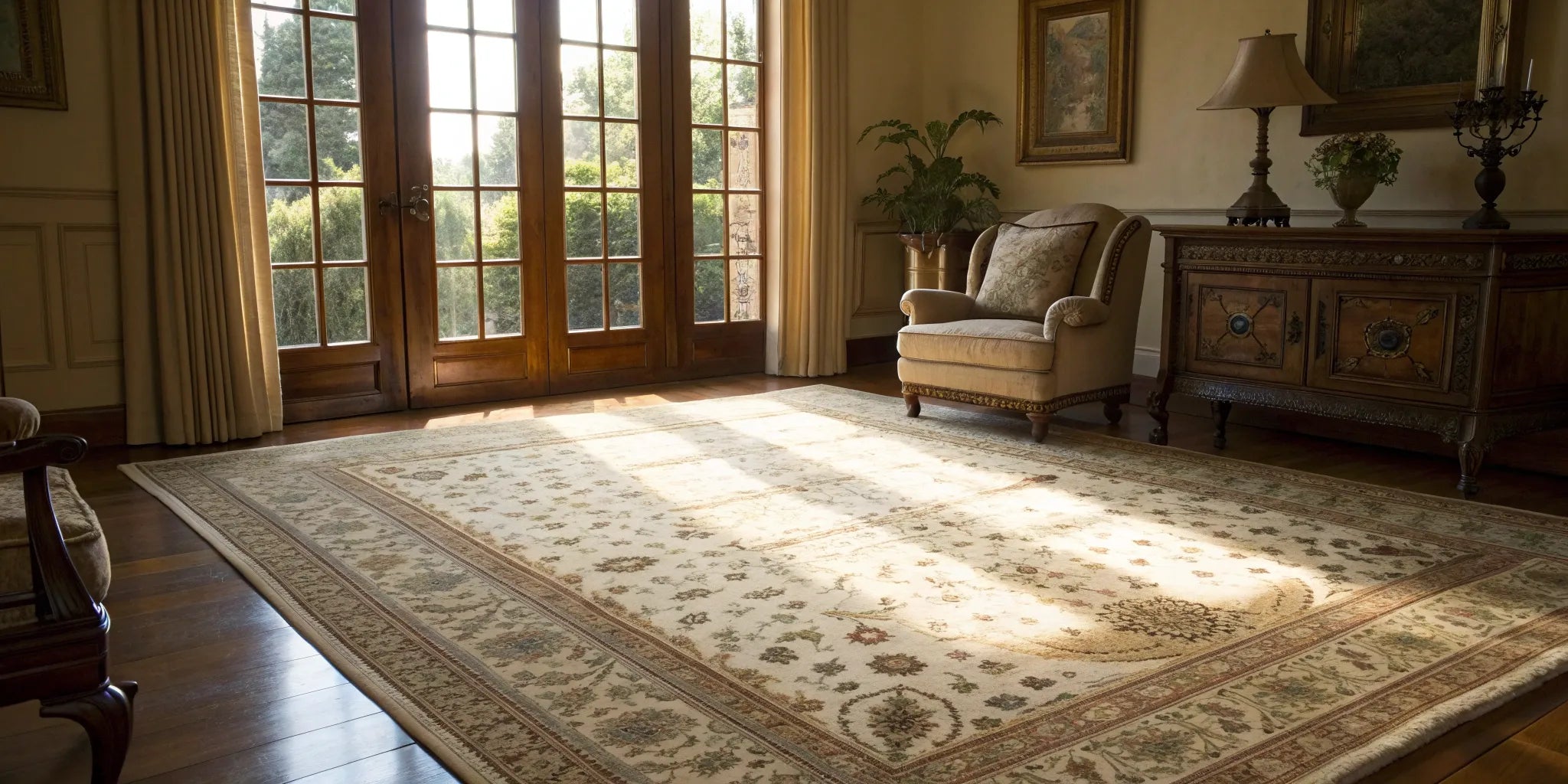 Antique Persian rug with intricate design.