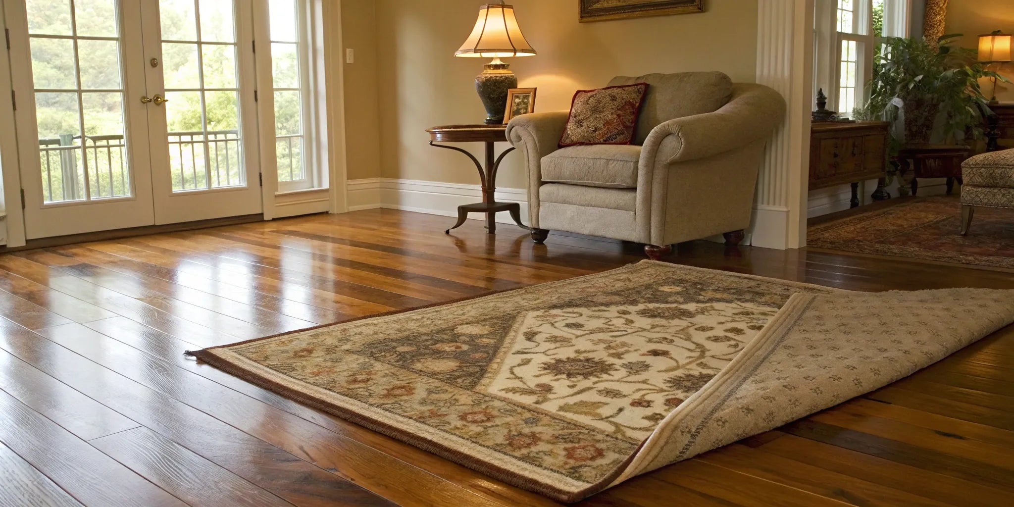 Best rug pad for hardwood floors shown under an area rug to prevent slipping.