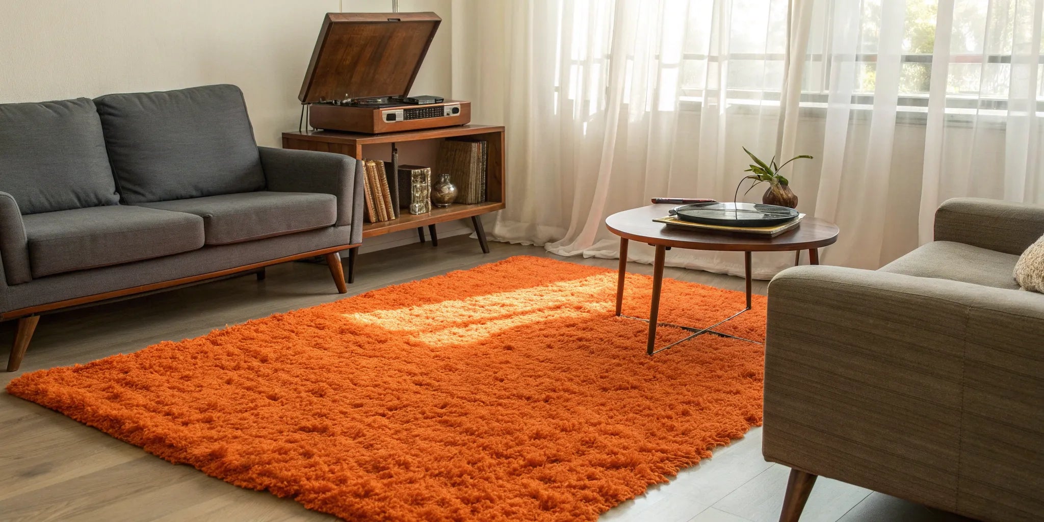 A vibrant orange 70s shag rug styled in a modern living room with mid-century furniture.