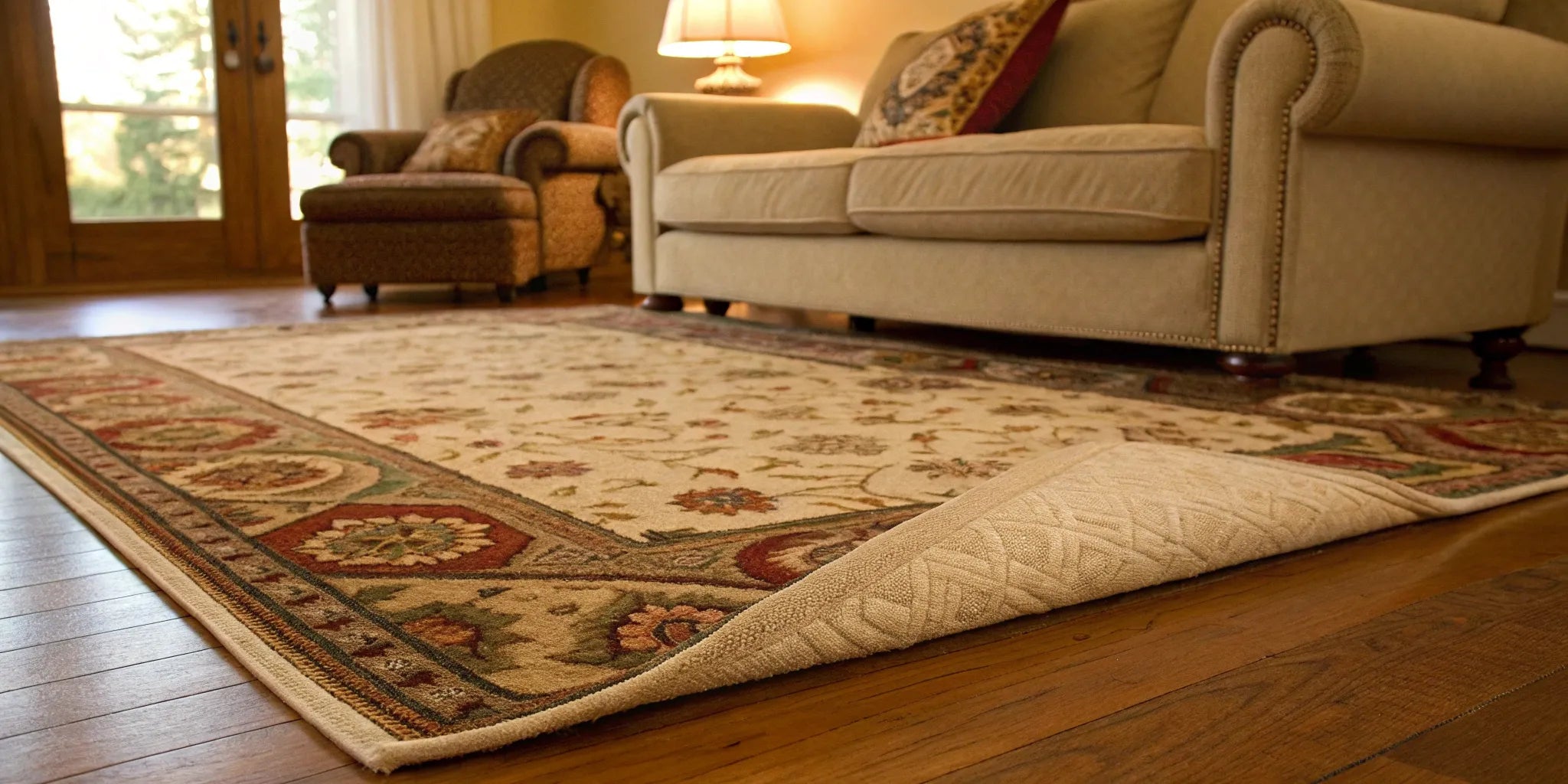 An anti skid pad holding a rug securely in place on a hardwood floor.