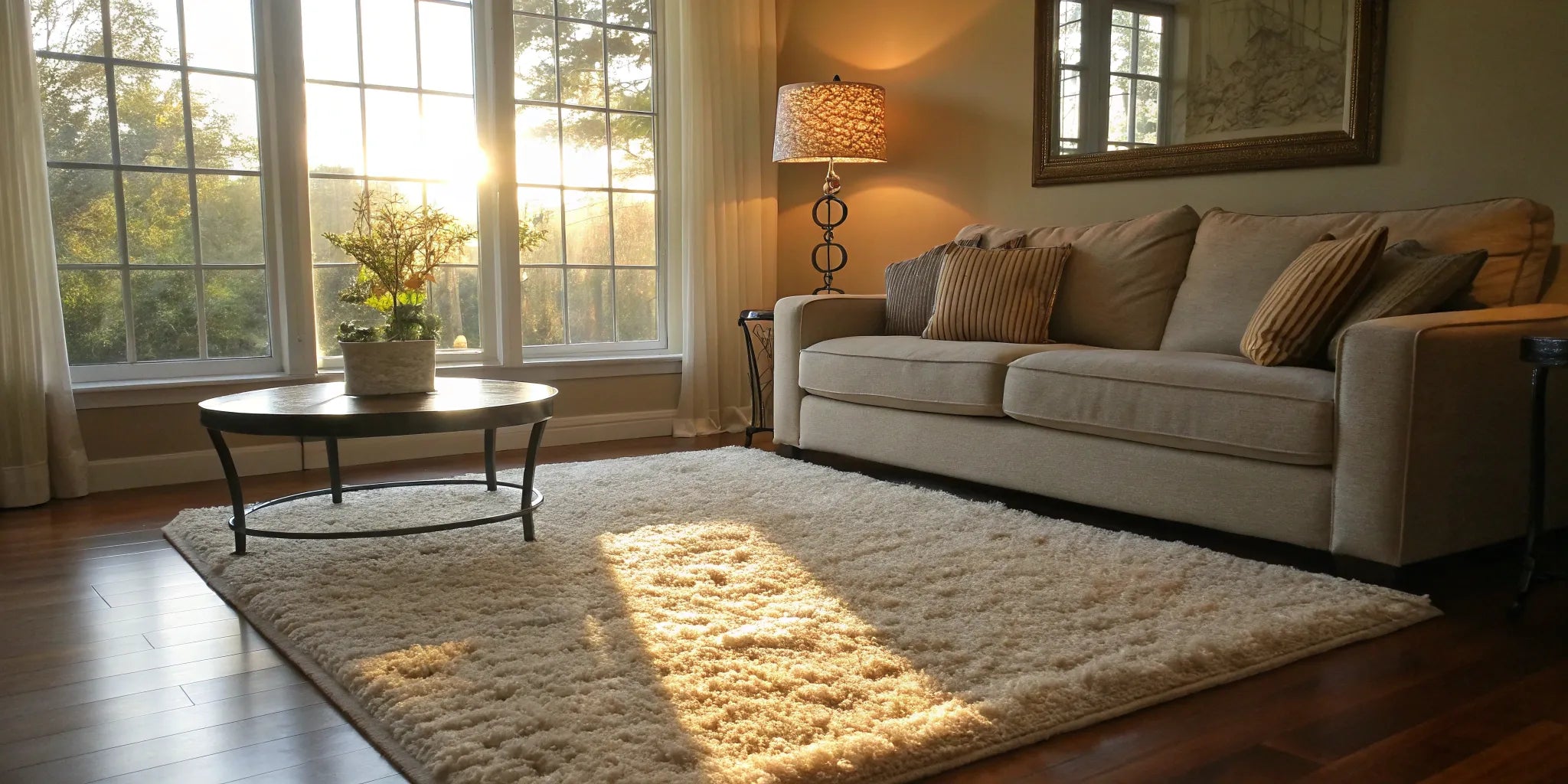 A large beige polyester rug anchoring a sunlit living room with a sofa and coffee table.