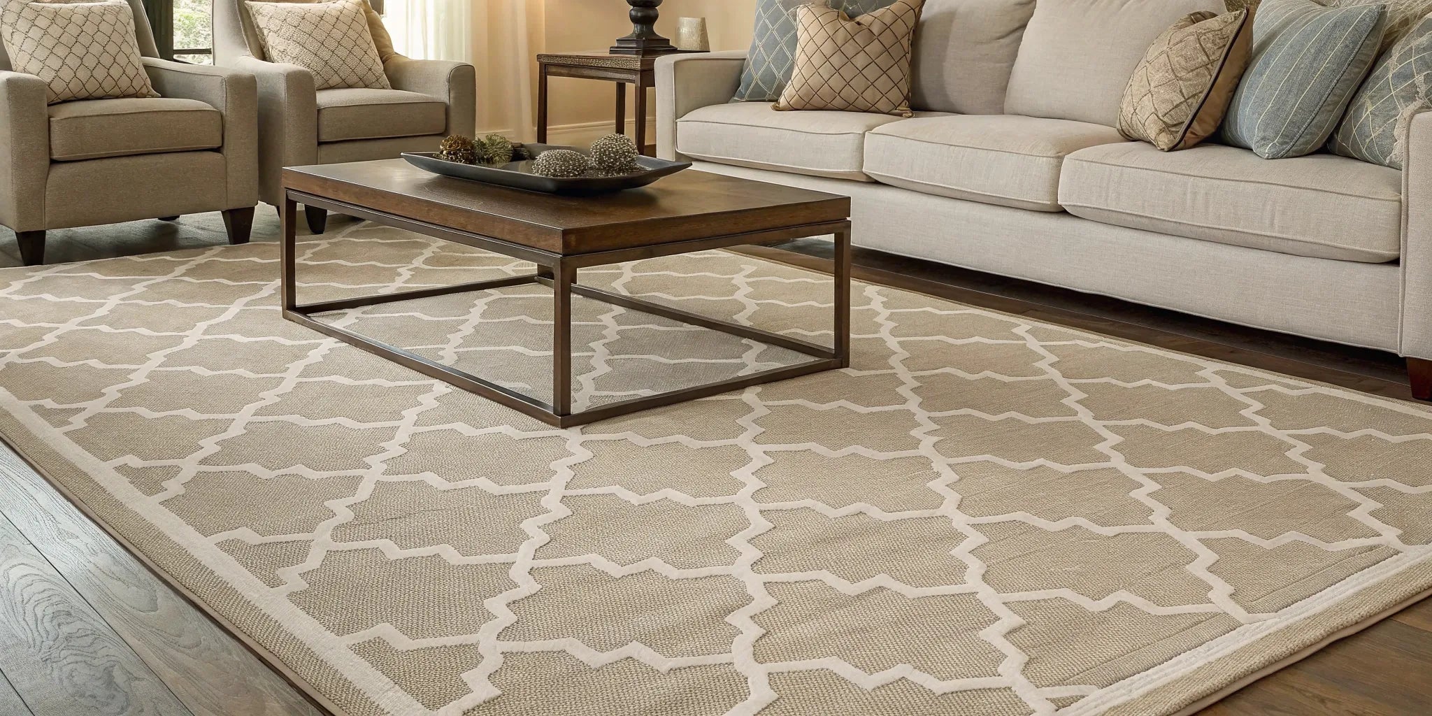 Geometric polypropylene rug in a modern living room.