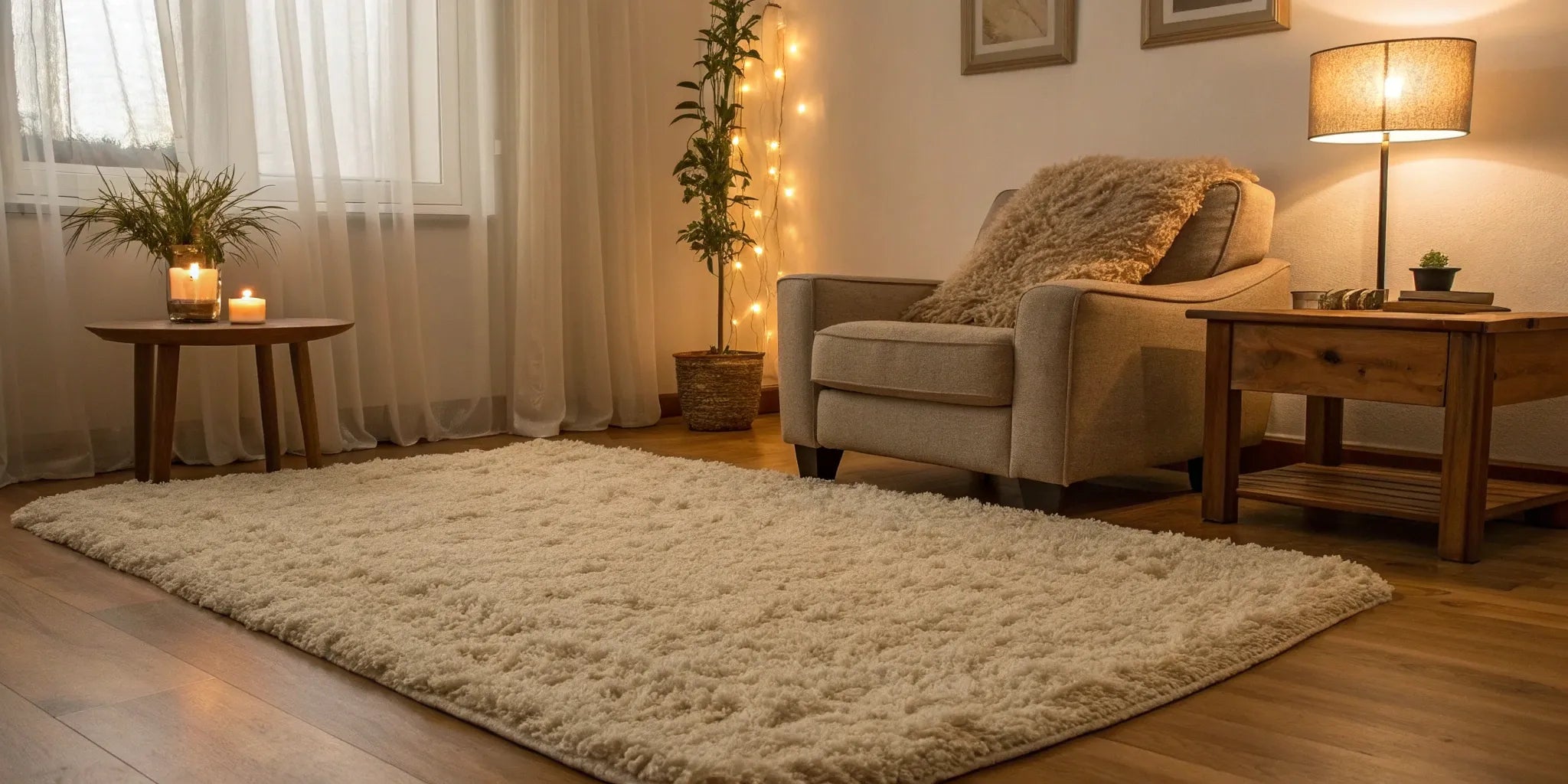 Cream shag area rug on a wood floor.