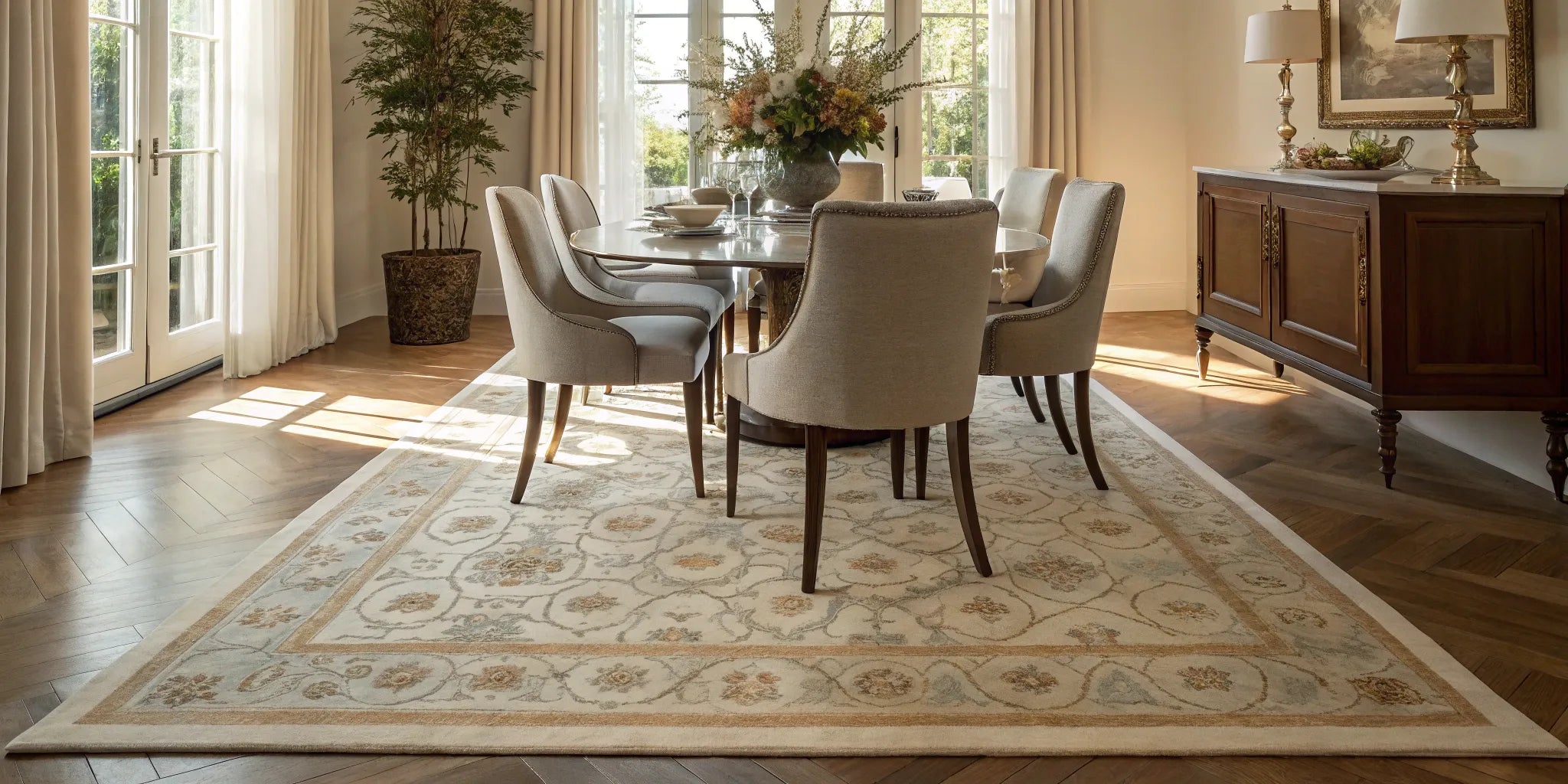 Dining room rug under table and chairs.
