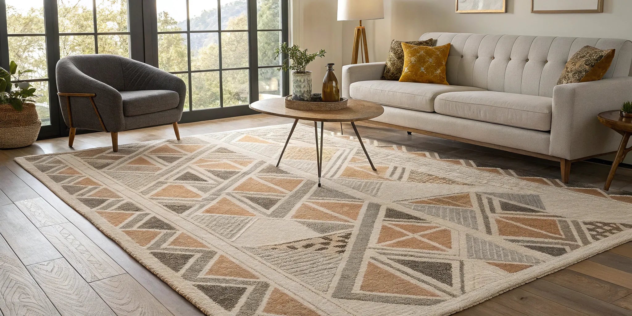 Mid-century modern rug with geometric pattern.