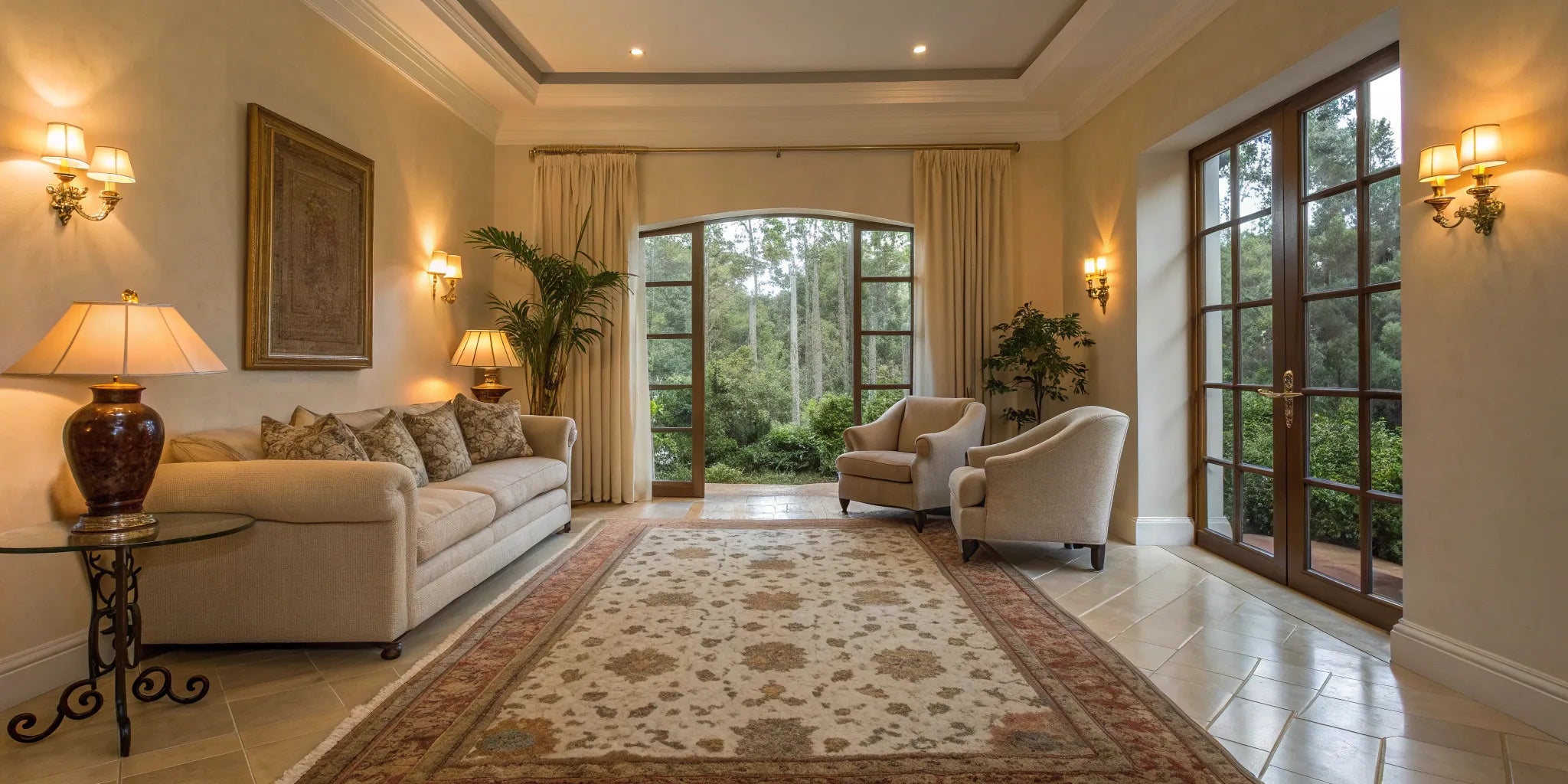 Living room area rug anchors the seating area.