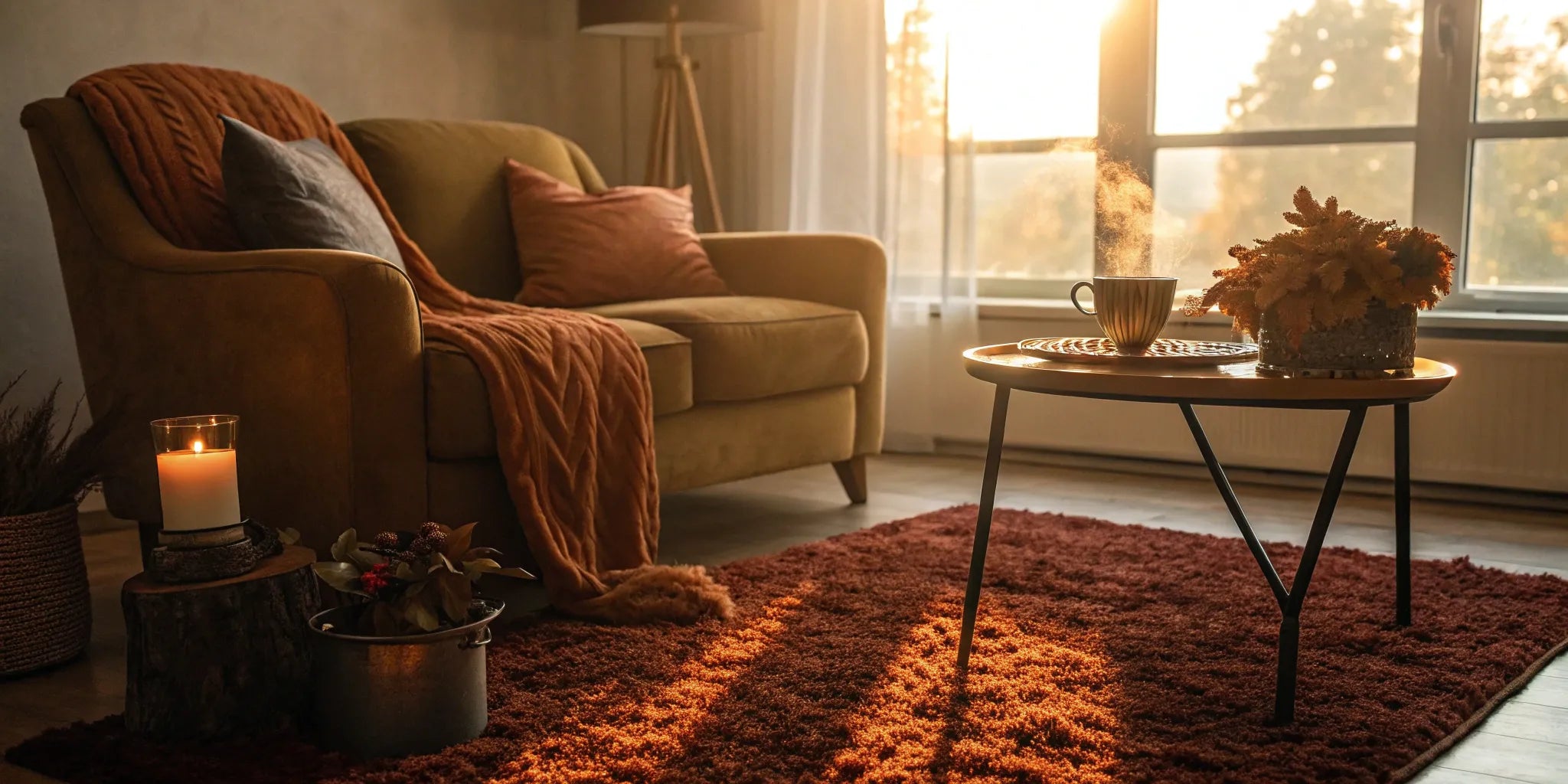 Rust rug warming up a cozy living room.