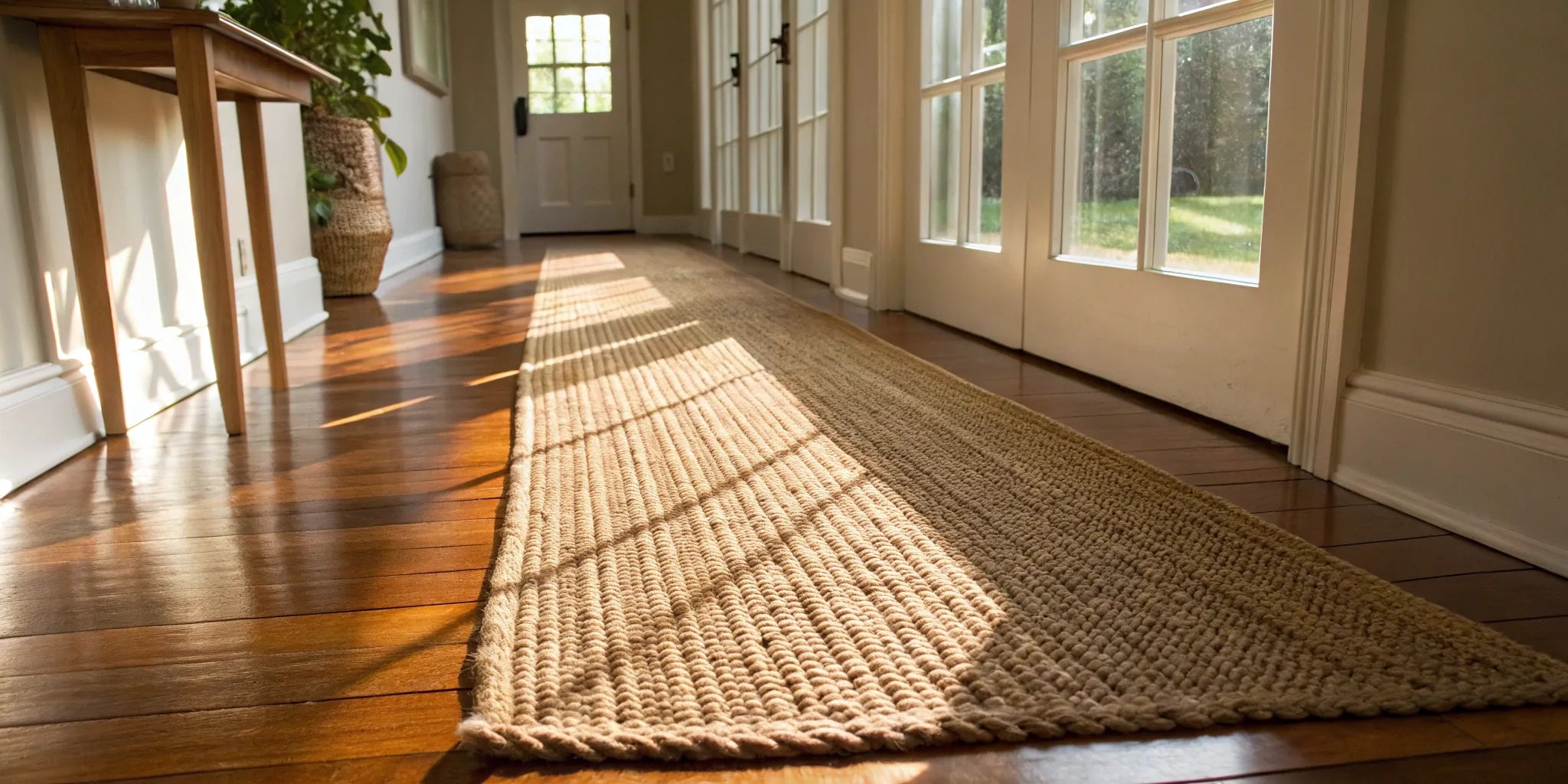 Natural jute runner rug in a bright hallway with hardwood floors.