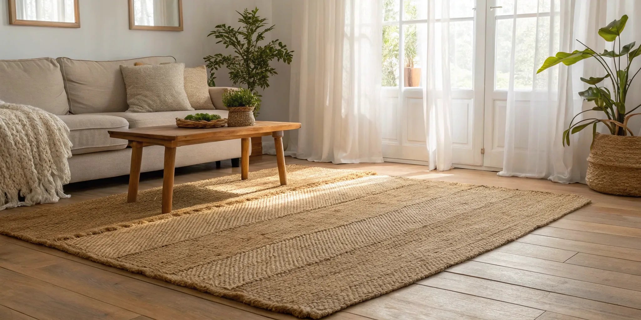 A natural jute area rug adds texture to a bright and neutral living room.