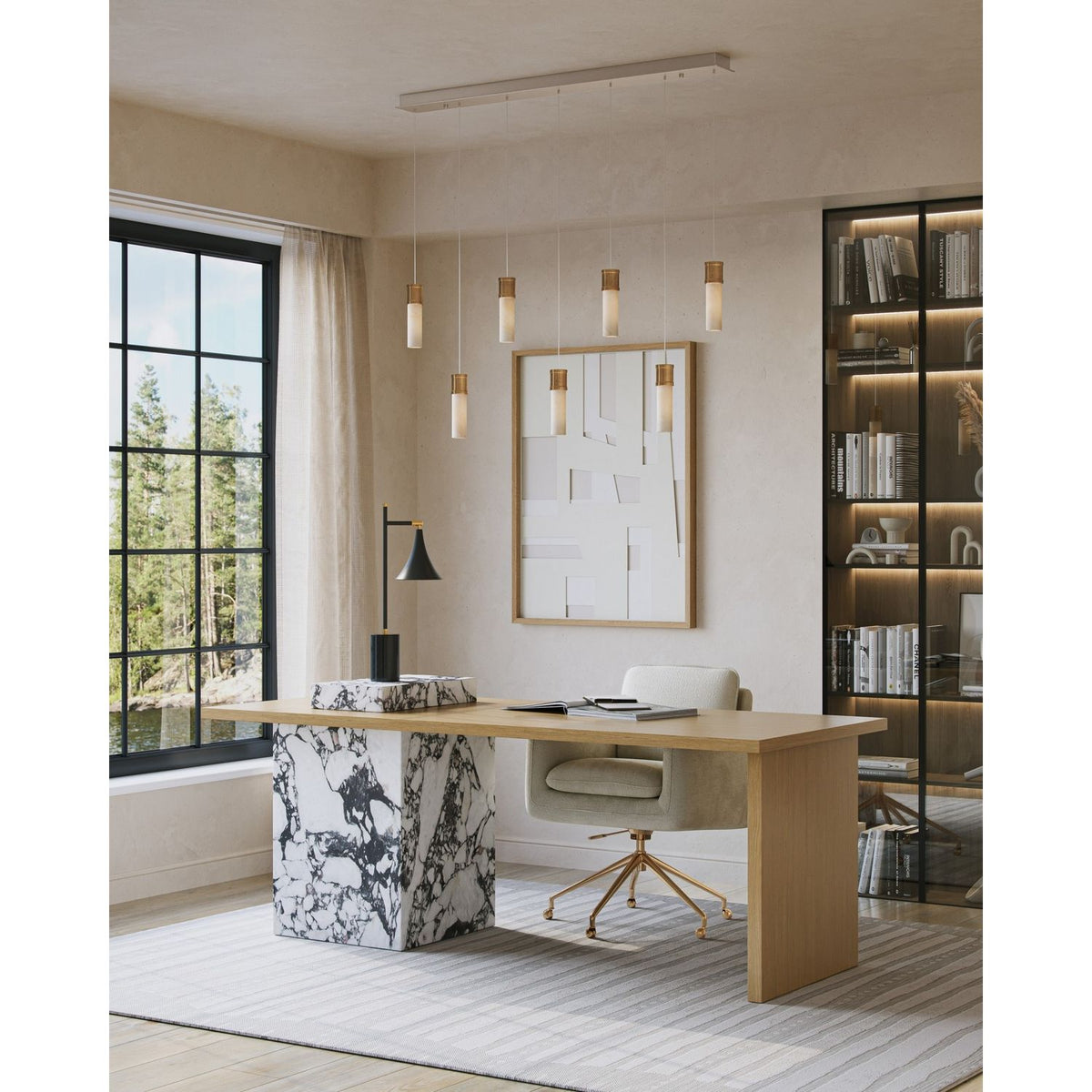 Currey and Company 9000-1386 Cannula Linear Multi-Drop Pendant in Vintage Brass/White/Silver