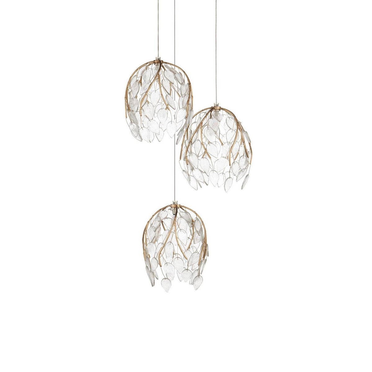 Currey and Company 9000-1388 Banyan 3-Light Round Multi-Drop Pendant in Antique Brass/Clear/Silver