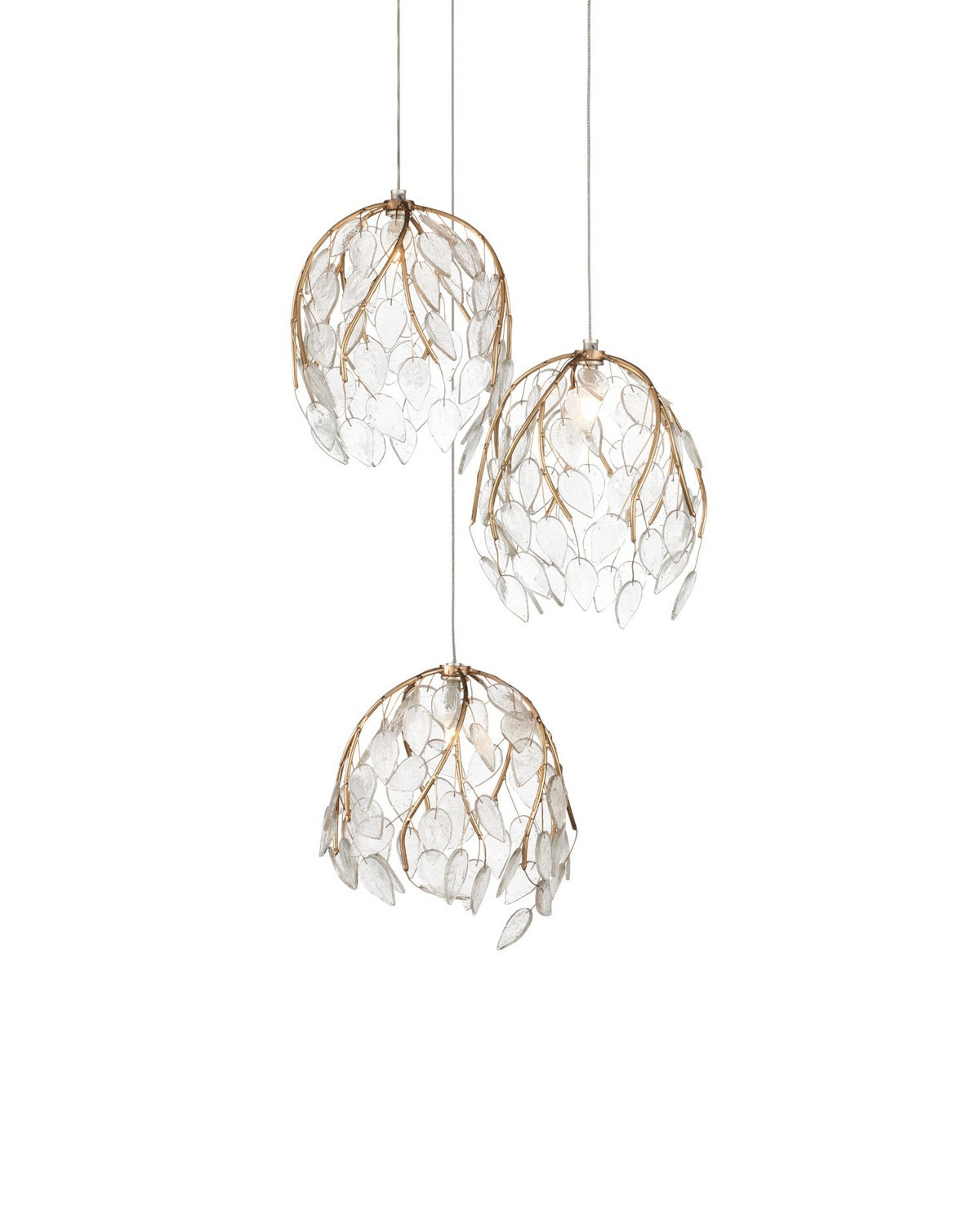 Currey and Company 9000-1388 Banyan 3-Light Round Multi-Drop Pendant in Antique Brass/Clear/Silver