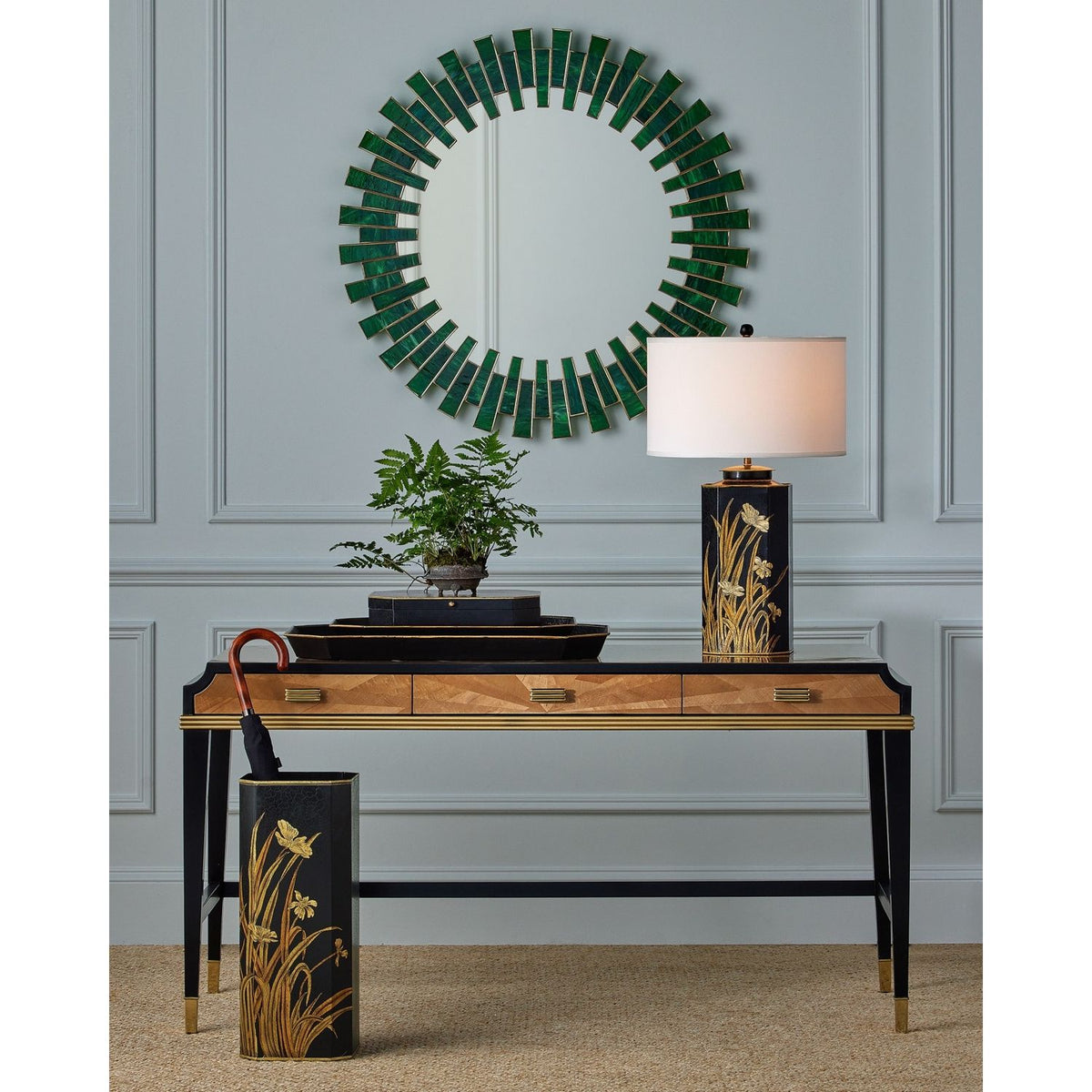 Currey and Company 1000-0170 Glasdele Round Mirror in Green/Antique Brass