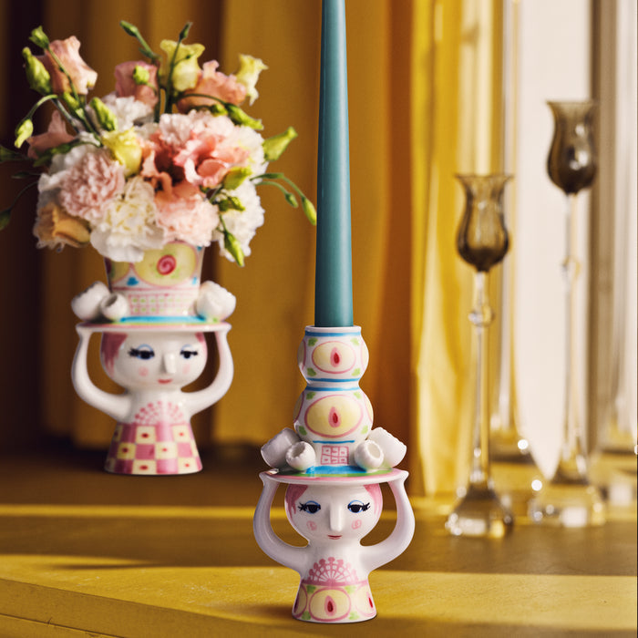 Bjørn Wiinblad 56569 Lady with Hat Candle Holder in Pink/Yellow
