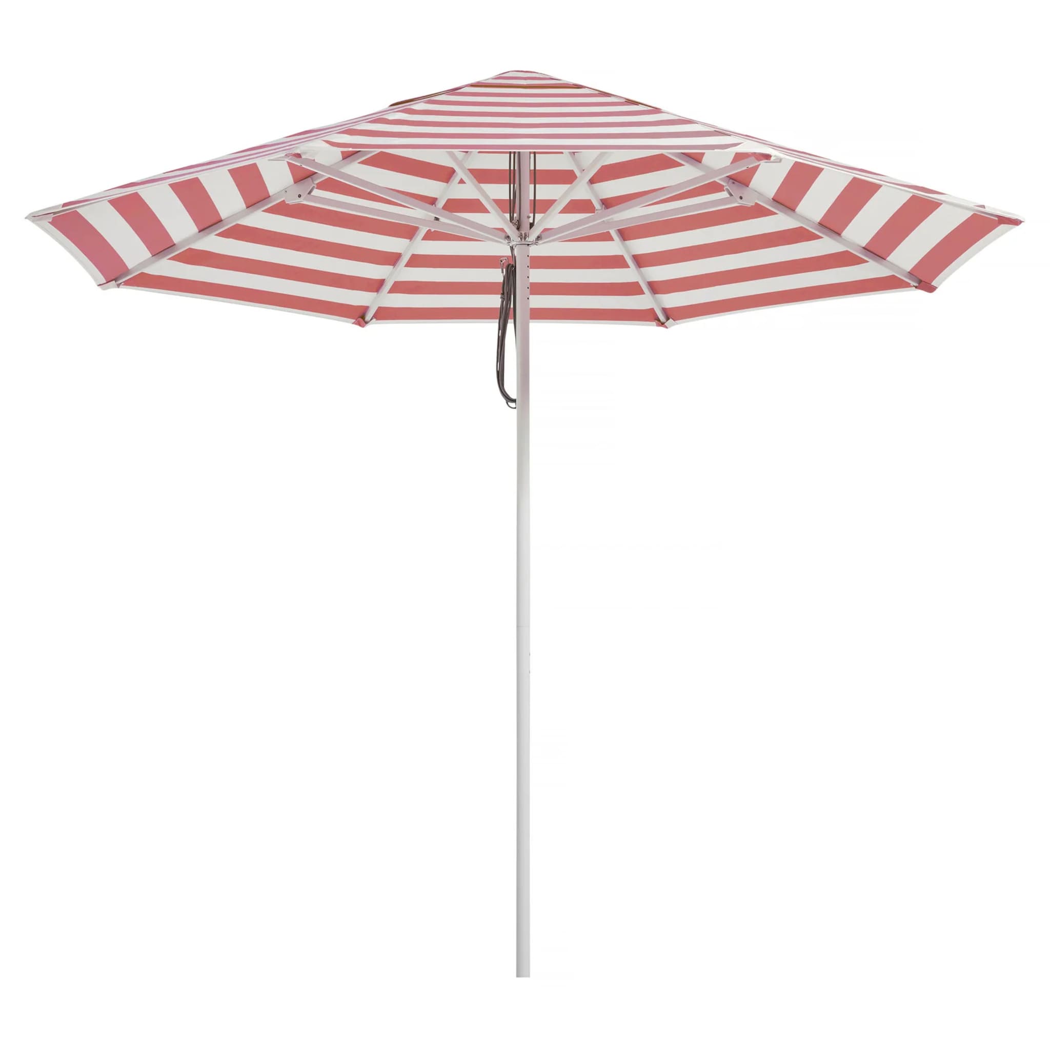 2.8m coral stripe Caspar Patio Umbrella by Basil Bangs with UPF50+ protection, marine-grade frame, and sleek design for durable outdoor elegance.