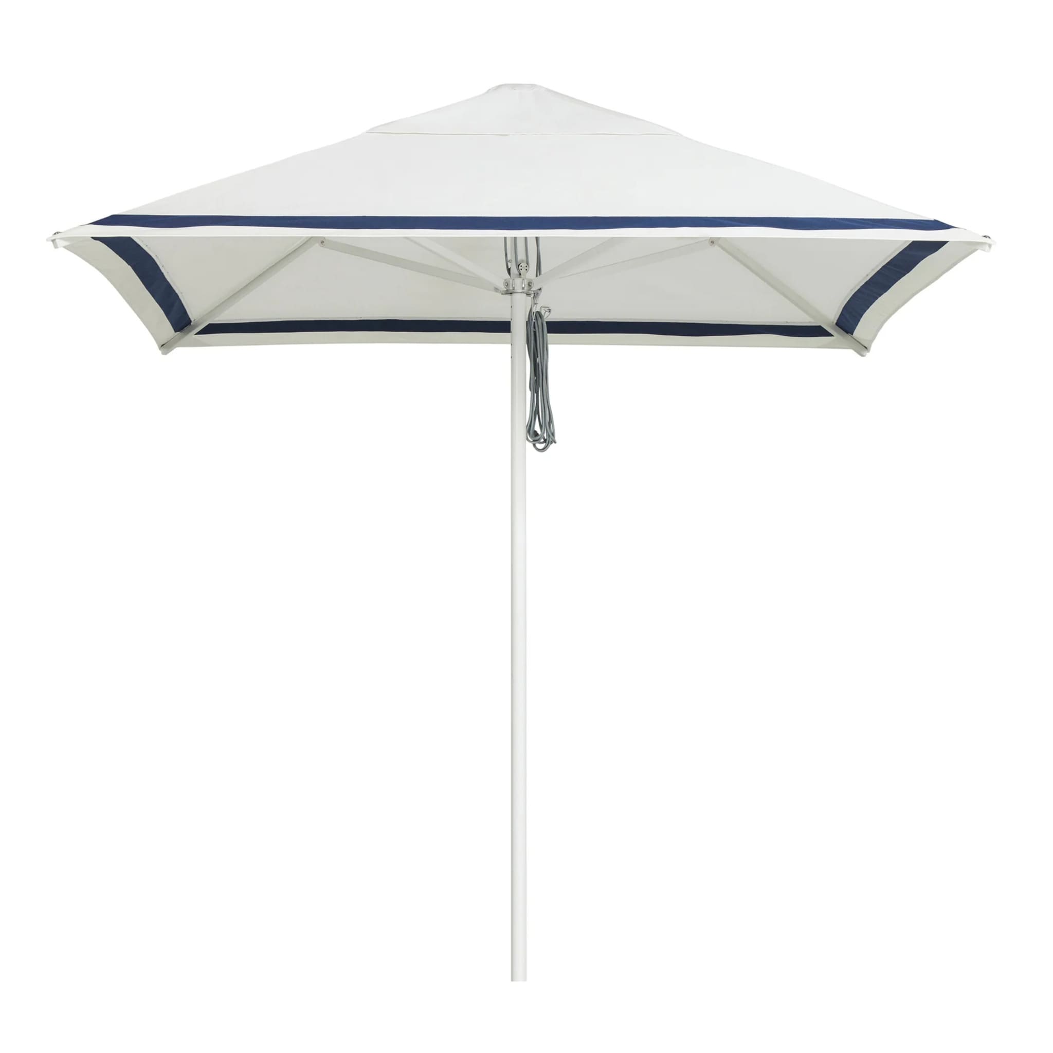Stripe navy white Regatta Patio Umbrella by Basil Bangs with UPF50+ sun protection, sleek white aluminum frame, and marine-grade durability for outdoor style.