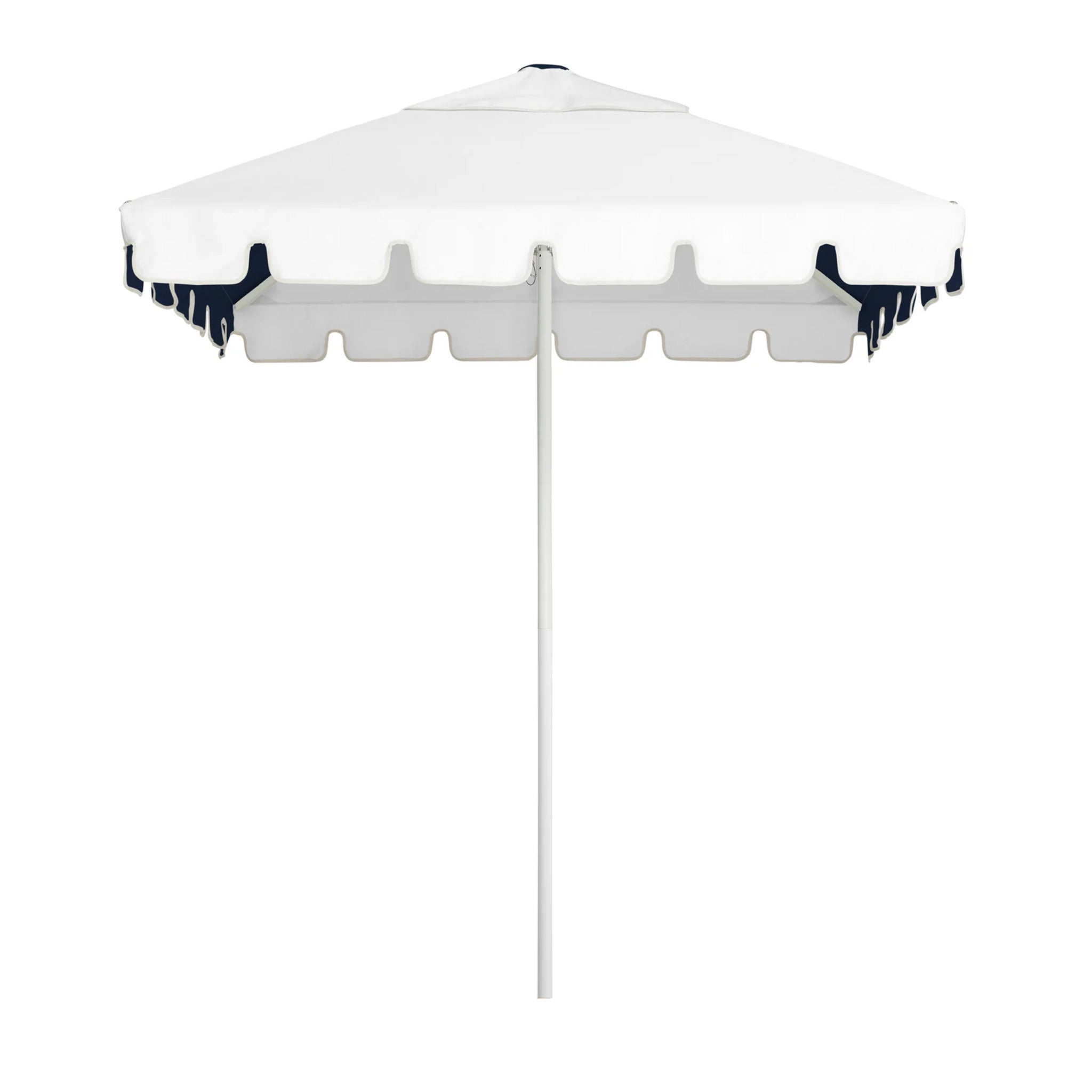 Navy/white Caspar Patio Umbrella with 2m square canopy, sleek keyhole valance, UPF50+ sun protection, and marine-grade durability.