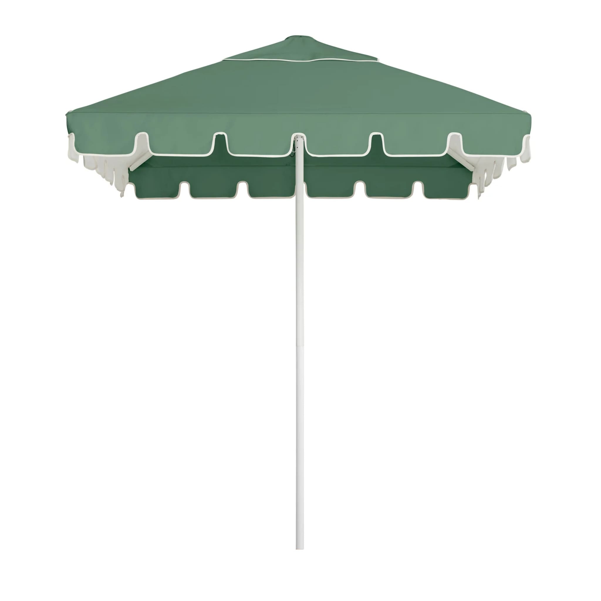 2m square sage/white Caspar Patio Umbrella with keyhole valance, UPF50+ protection, and durable marine-grade materials for outdoor elegance.