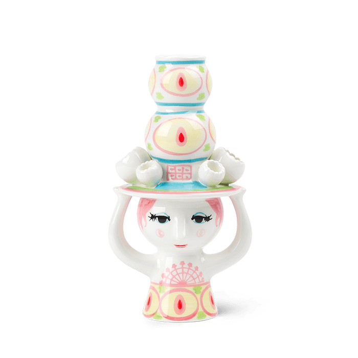 Bjørn Wiinblad 56569 Lady with Hat Candle Holder in Pink/Yellow