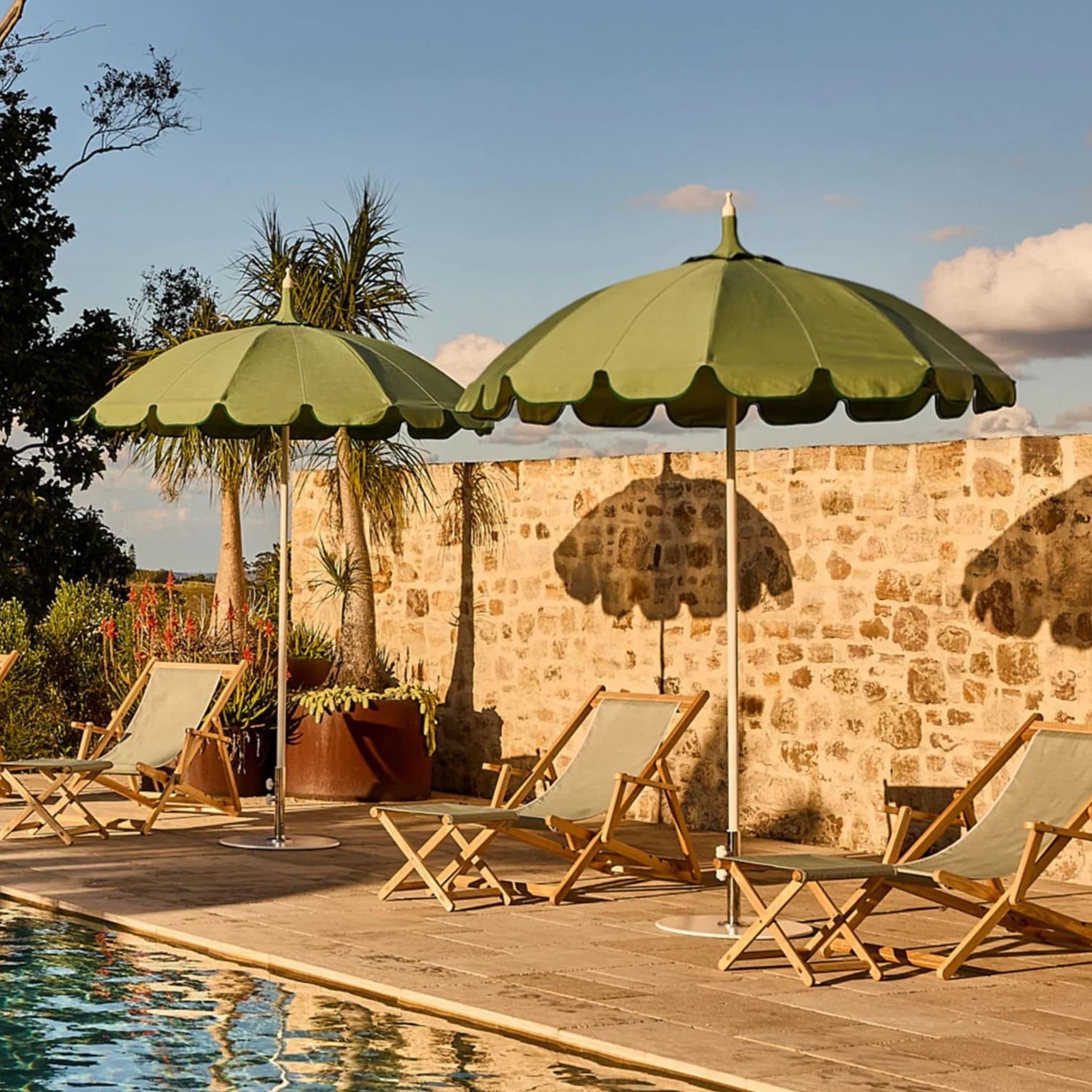 Pagoda is a vintage-inspired umbrella with commercial-grade construction, UPF50+ fabric, and vented canopy by Basil Bangs.