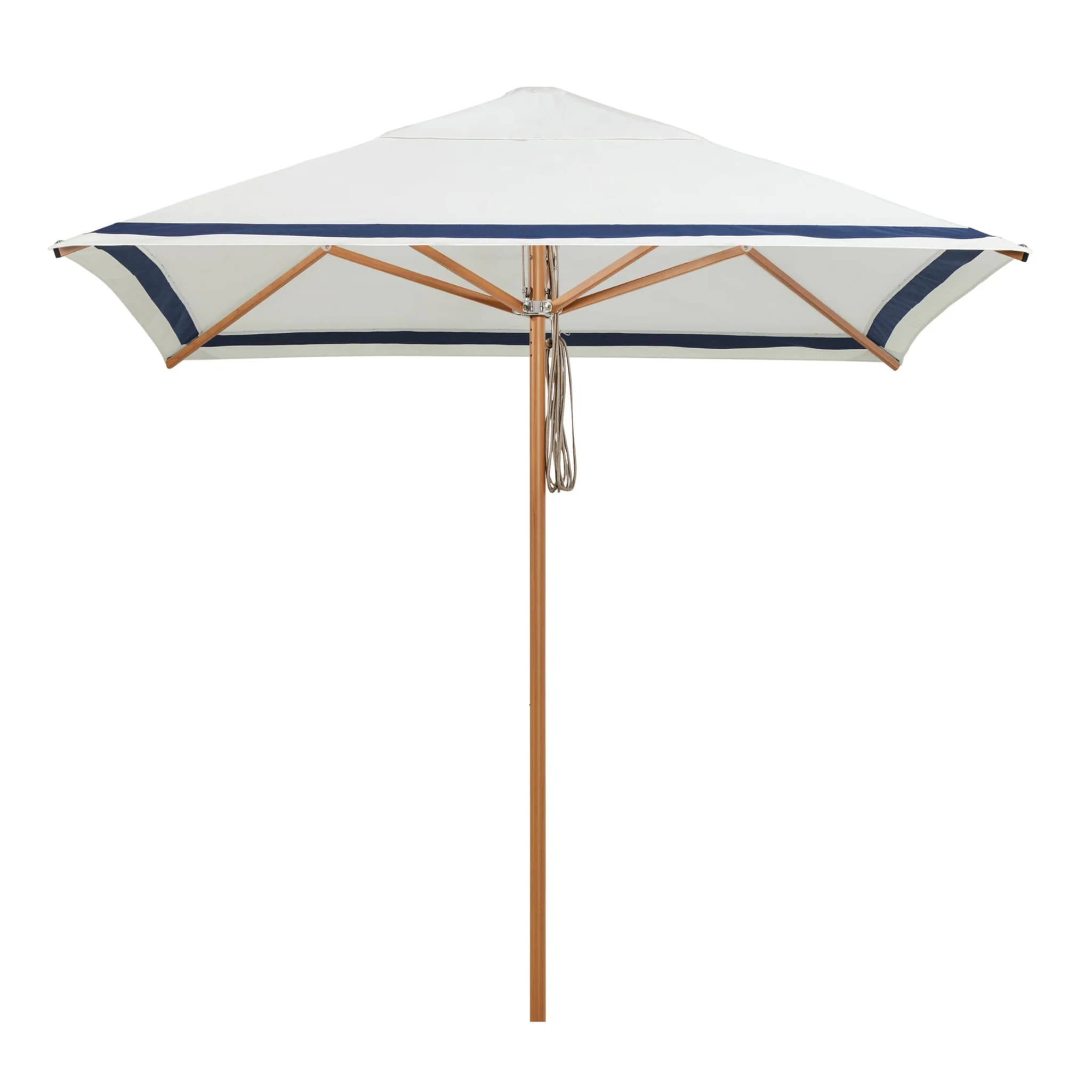 Stripe navy white Regatta Patio Umbrella by Basil Bangs with UPF50+ sun protection, timber-look aluminum frame, and marine-grade durability for outdoor style.