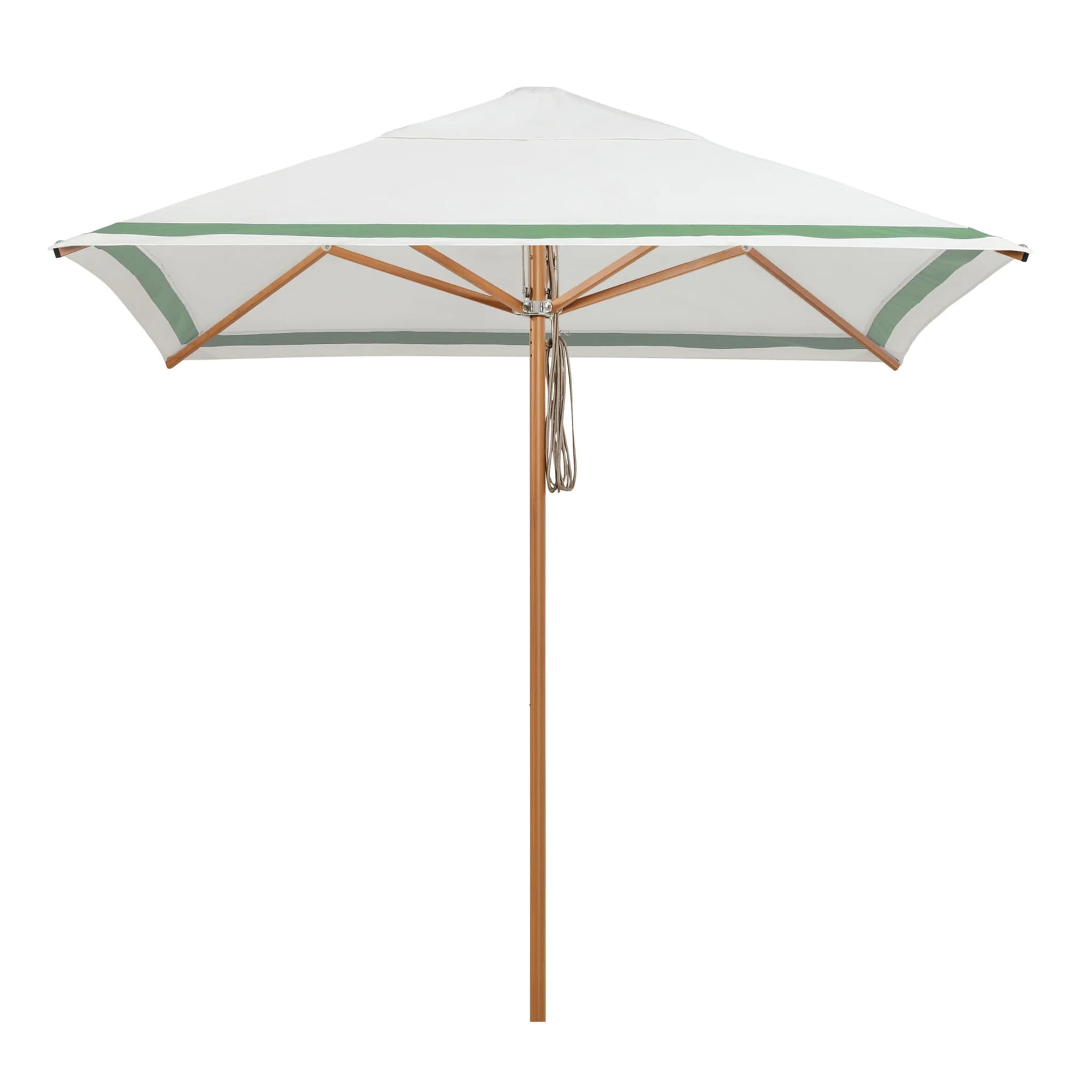 Stripe sage white Regatta Patio Umbrella by Basil Bangs with UPF50+ sun protection, timber-look aluminum frame, and marine-grade durability for outdoor style.