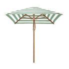2m Sundial+ Umbrella by Basil Bangs in sage stripe with timber-look aluminum frame, scratch-resistant finish, and recyclable, eco-friendly materials.